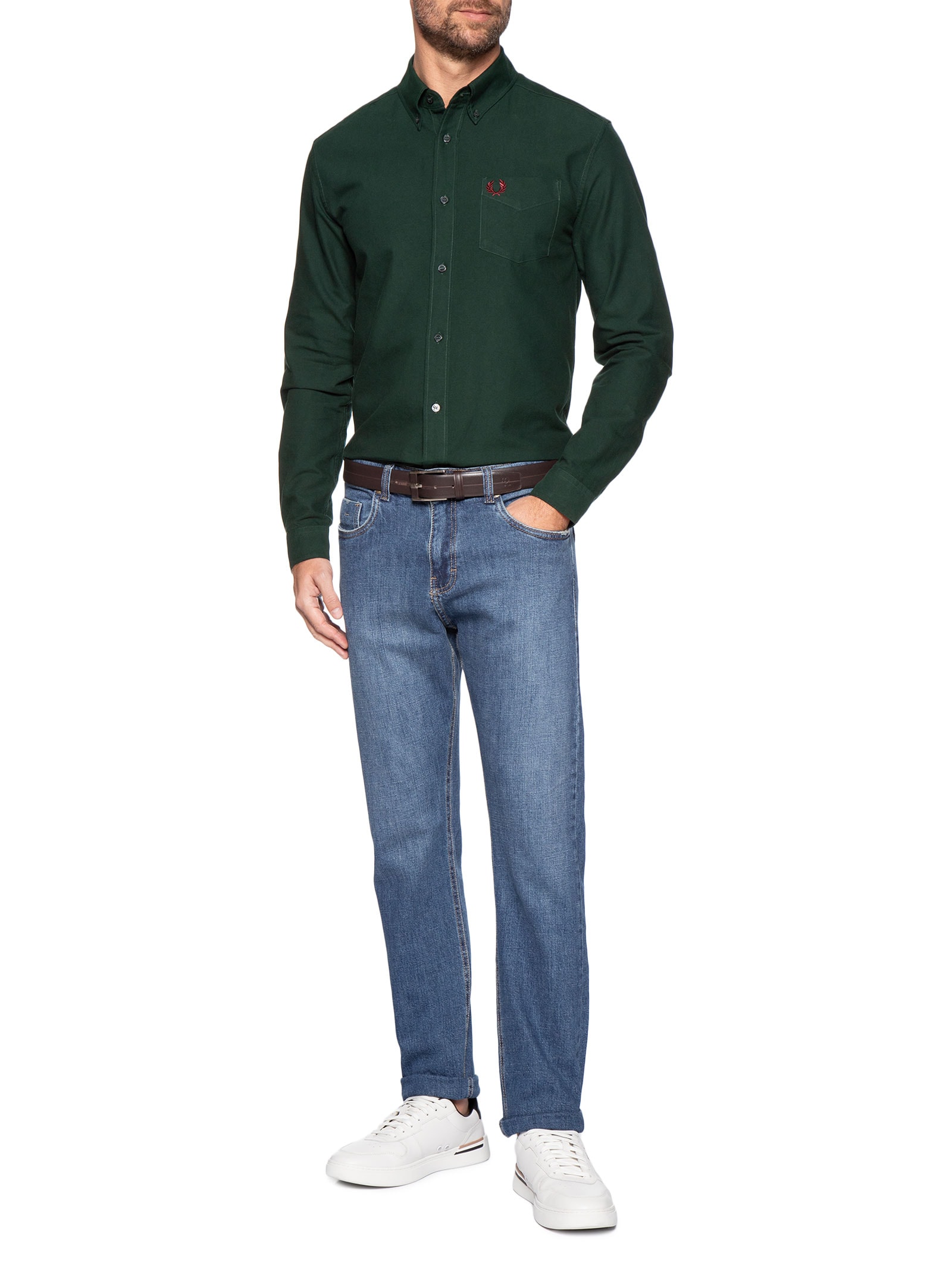 Camisa Masculina Regular Fit Oxford Com Bolso Verde Fred Perry