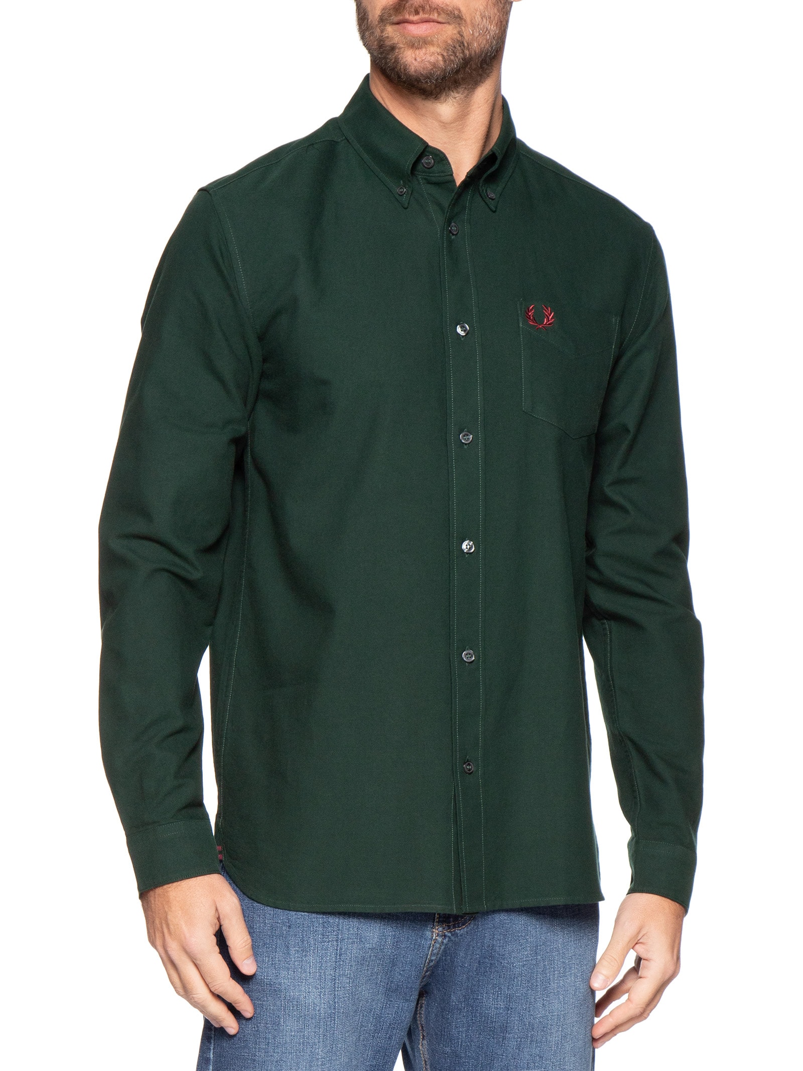 Camisa Masculina Regular Fit Oxford Com Bolso Verde Fred Perry
