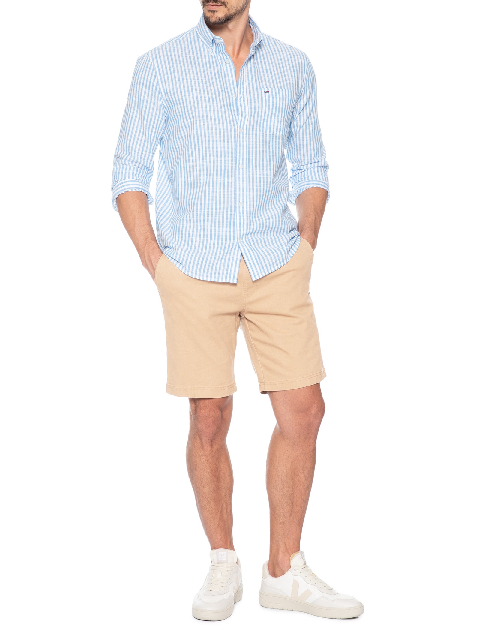 Camisa Masculina Regular Fit Oxford Listrada Azul Tommy Jeans