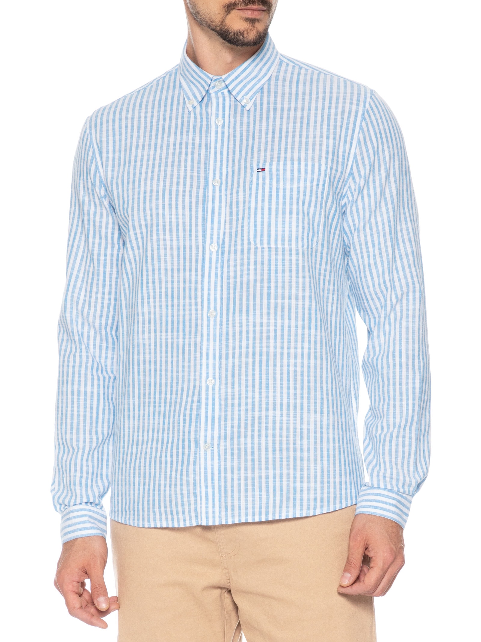 Camisa Masculina Regular Fit Oxford Listrada Azul Tommy Jeans