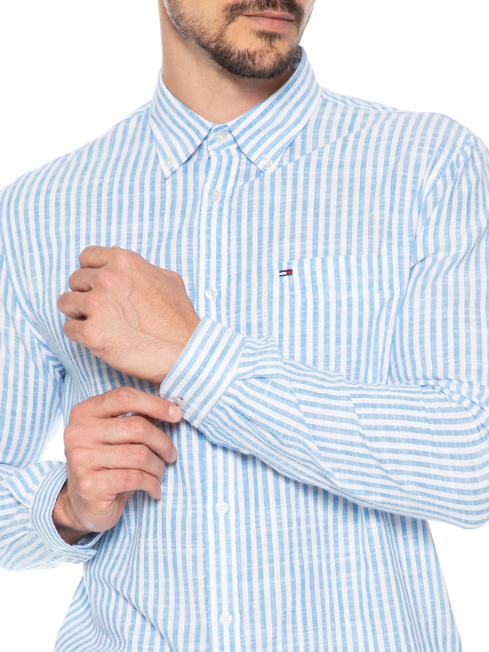 Camisa Masculina Regular Fit Oxford Listrada Azul Tommy Jeans