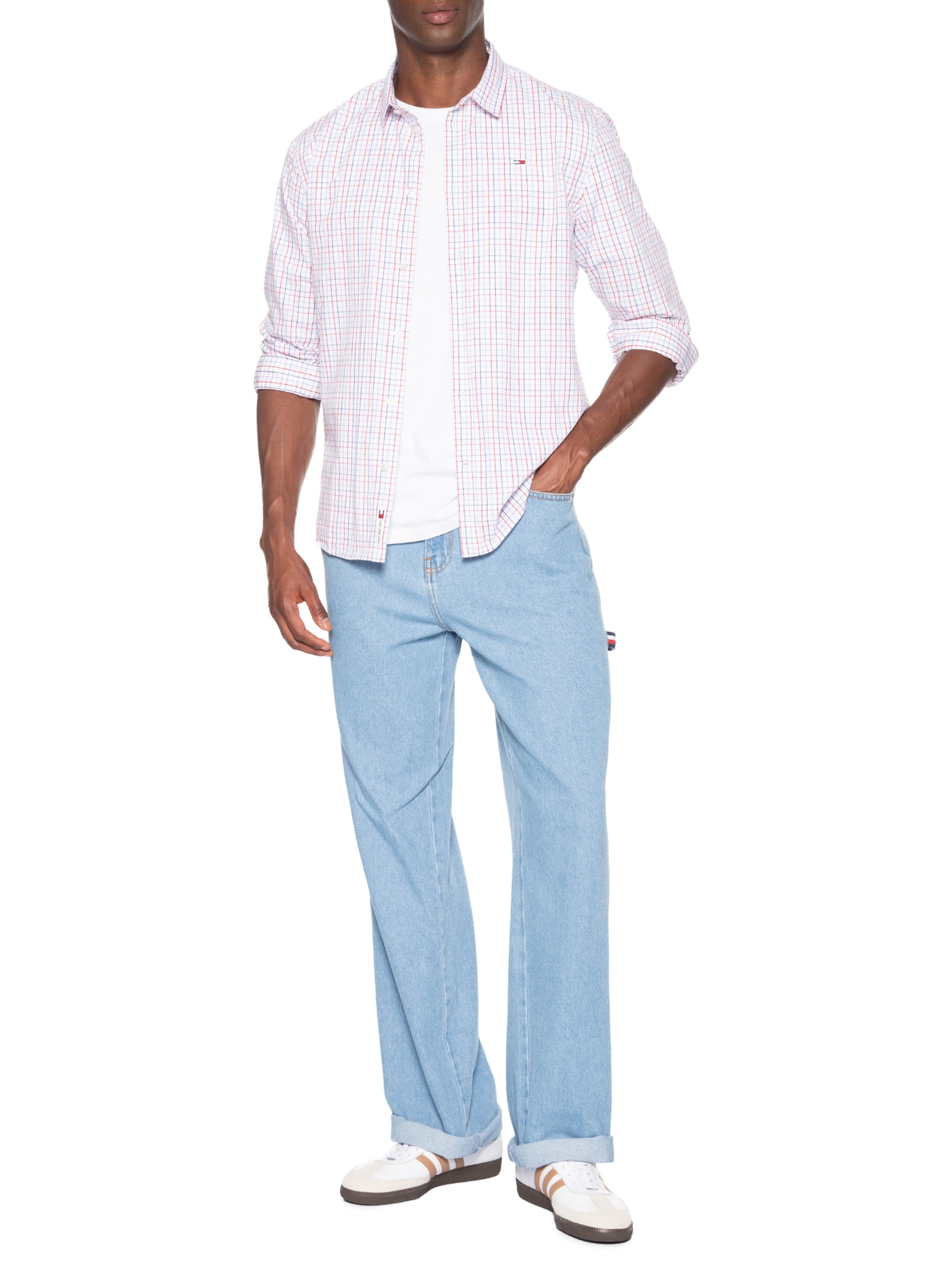 Camisa Masculina Regular Fit Popline Xadrez Branco Tommy Jeans