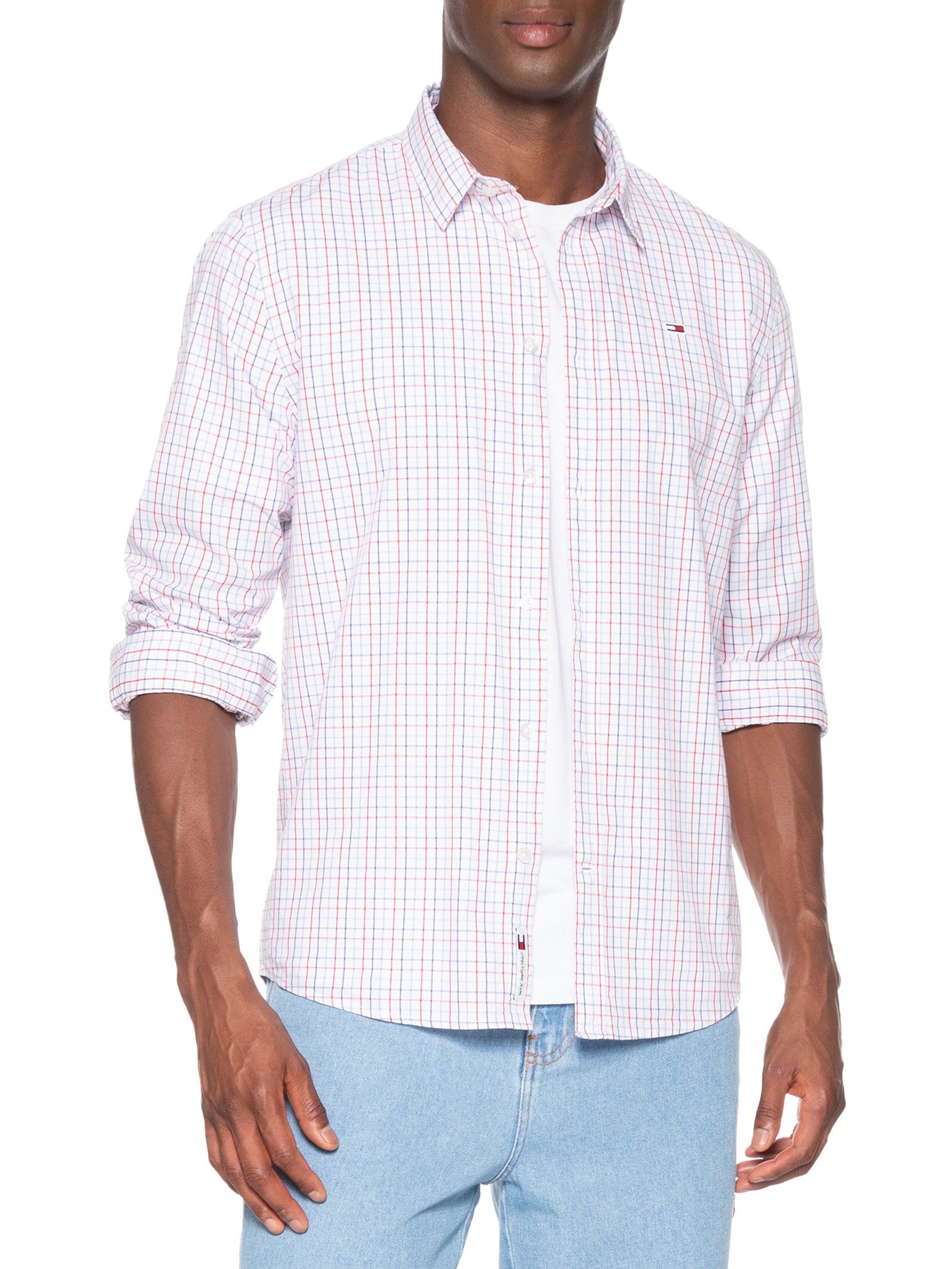 Camisa Masculina Regular Fit Popline Xadrez Branco Tommy Jeans