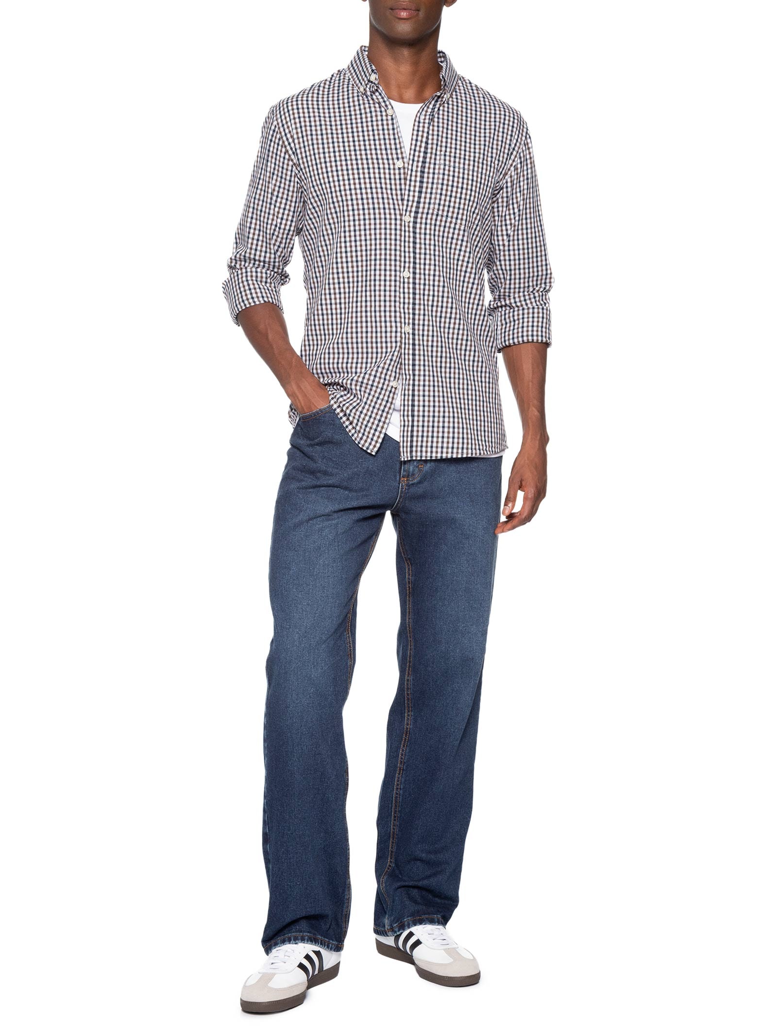 Camisa Masculina Regular Fit Xadrez Em Algodão Bege Hering