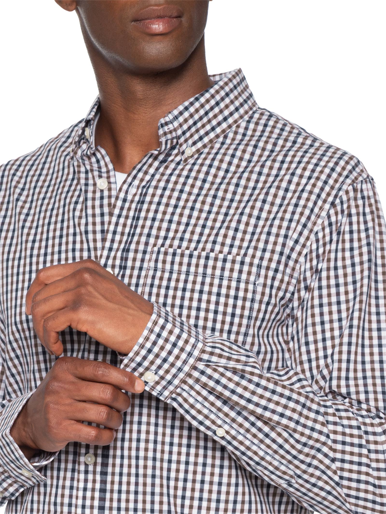 Camisa Masculina Regular Fit Xadrez Em Algodão Bege Hering