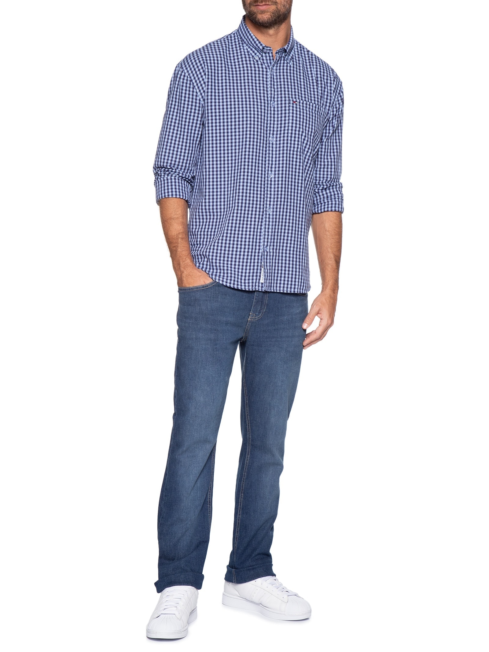 Camisa Masculina Relaxed Fit Xadrez Com Bolso Azul Tommy Jeans