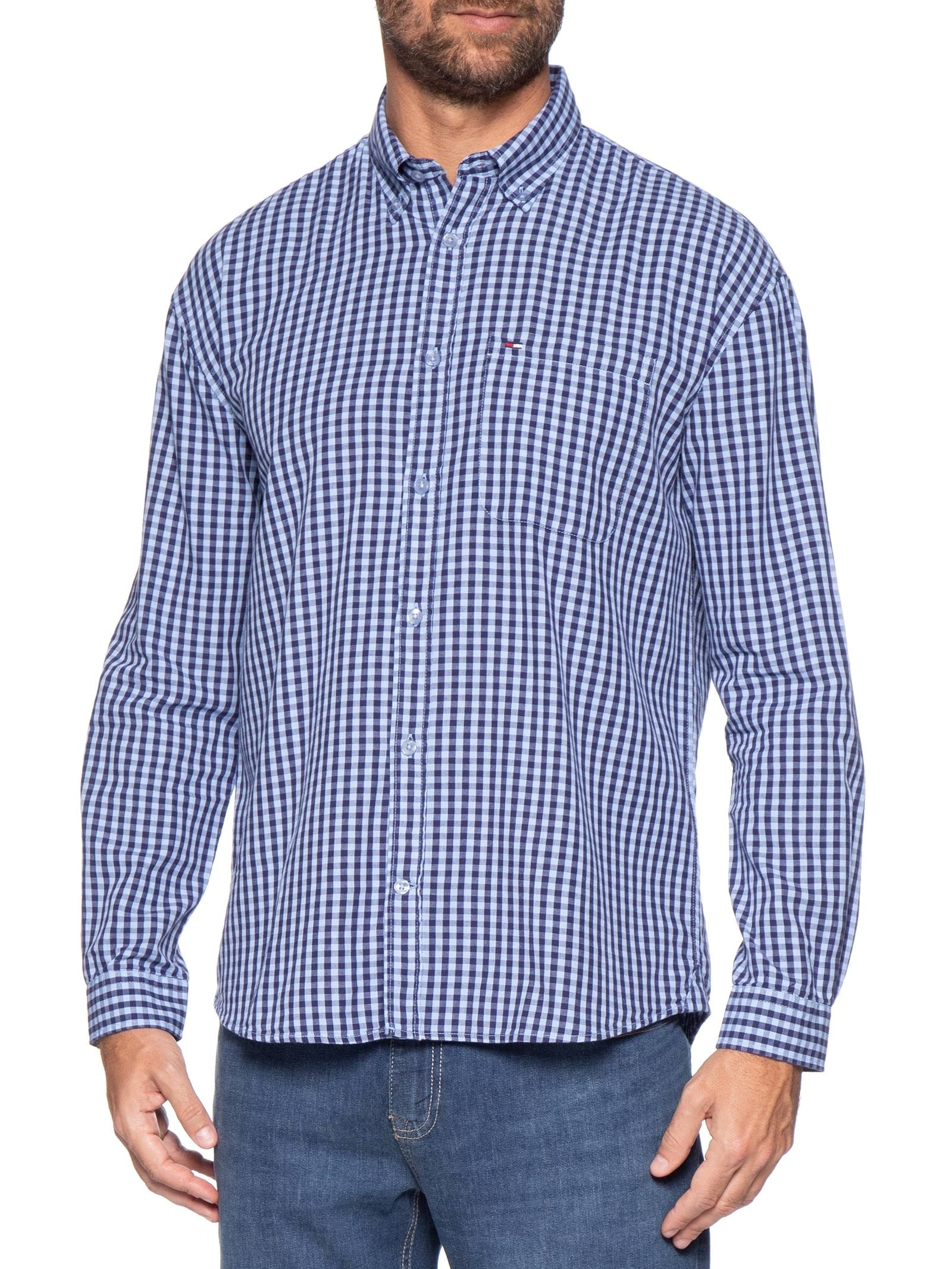 Camisa Masculina Relaxed Fit Xadrez Com Bolso Azul Tommy Jeans