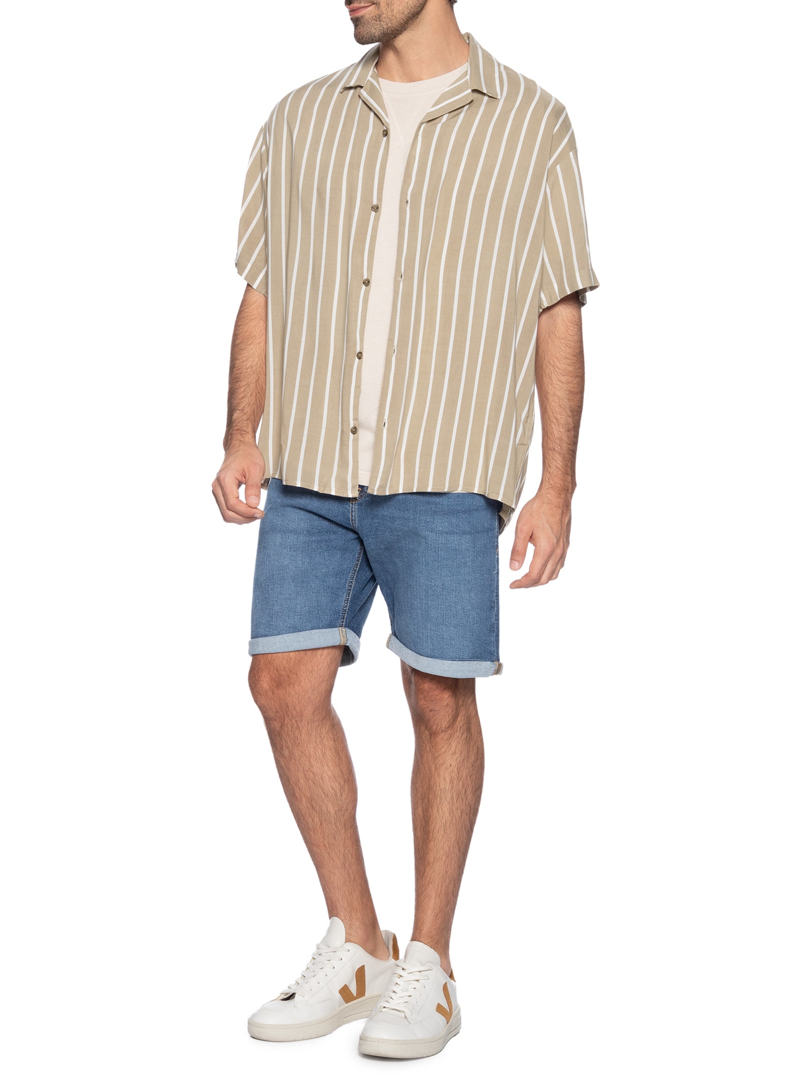 Camisa Masculina Resort Relaxed Fit Listrada Bege Jack & Jones