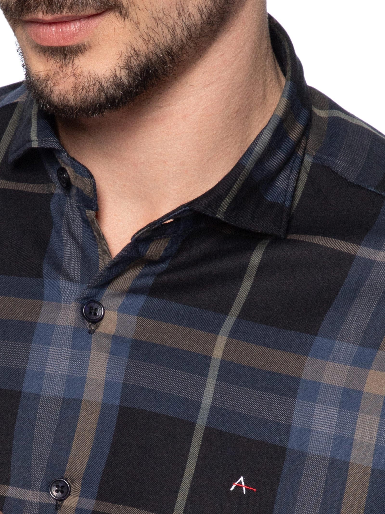 Camisa Masculina Sarja Xadrez Azul Aramis