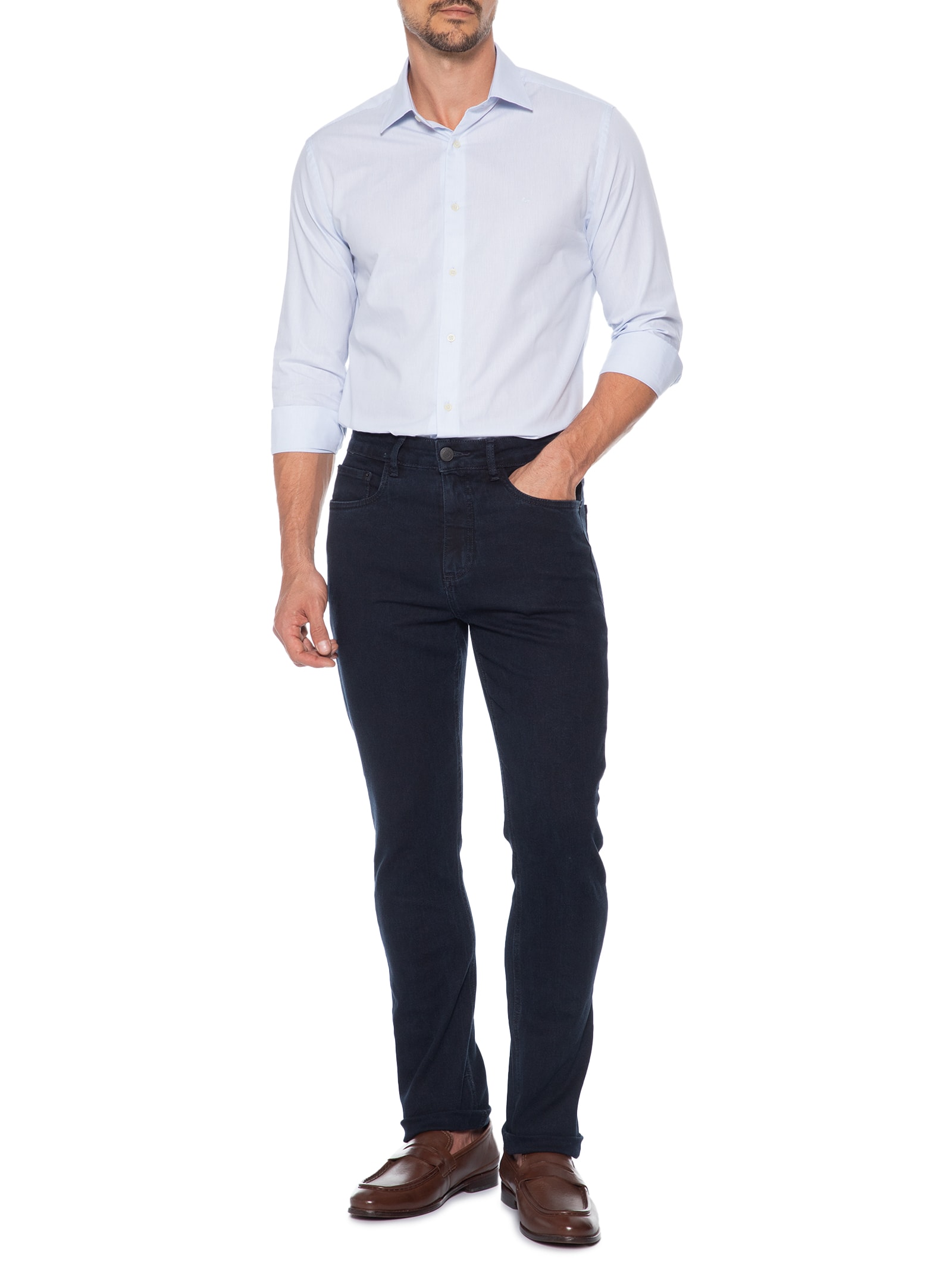 Camisa Masculina Slim Algodão Fio 50 Listrada Azul Aramis