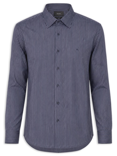 Camisa Masculina Slim Em Algodão Listrada Com Filetes – Azul