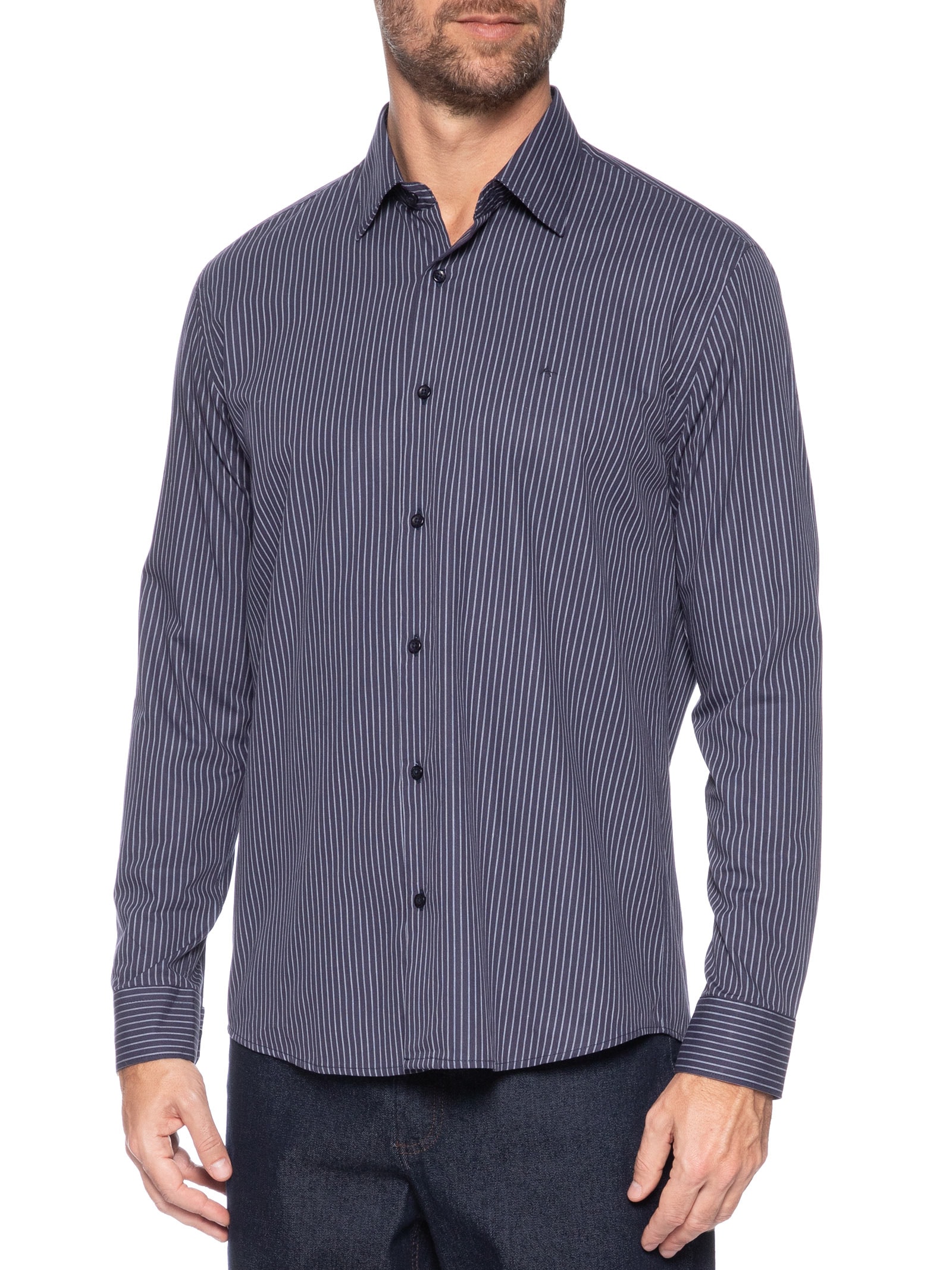 Camisa Masculina Slim Em Algodão Listrada Com Filetes Azul Aramis