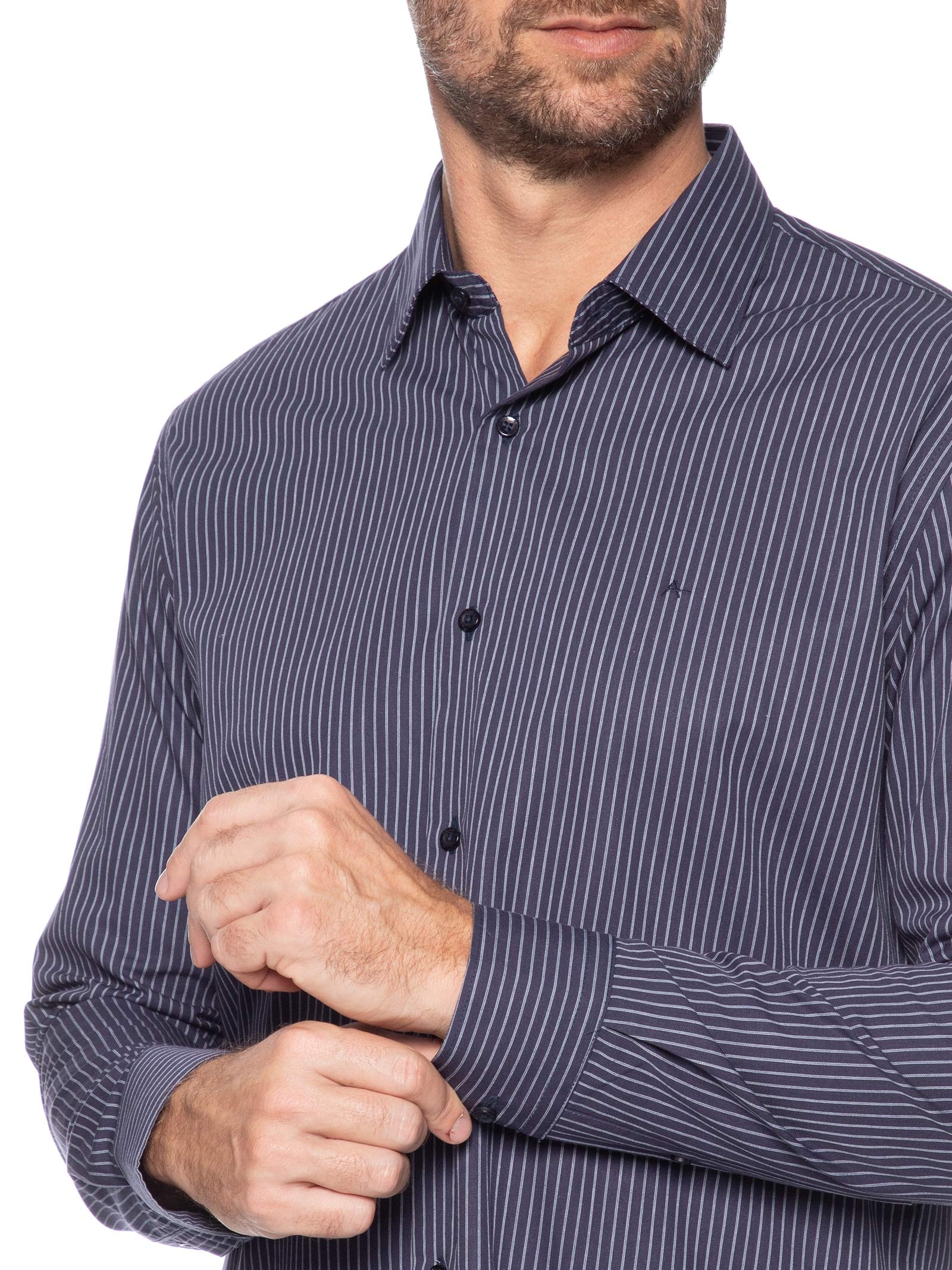 Camisa Masculina Slim Em Algodão Listrada Com Filetes Azul Aramis