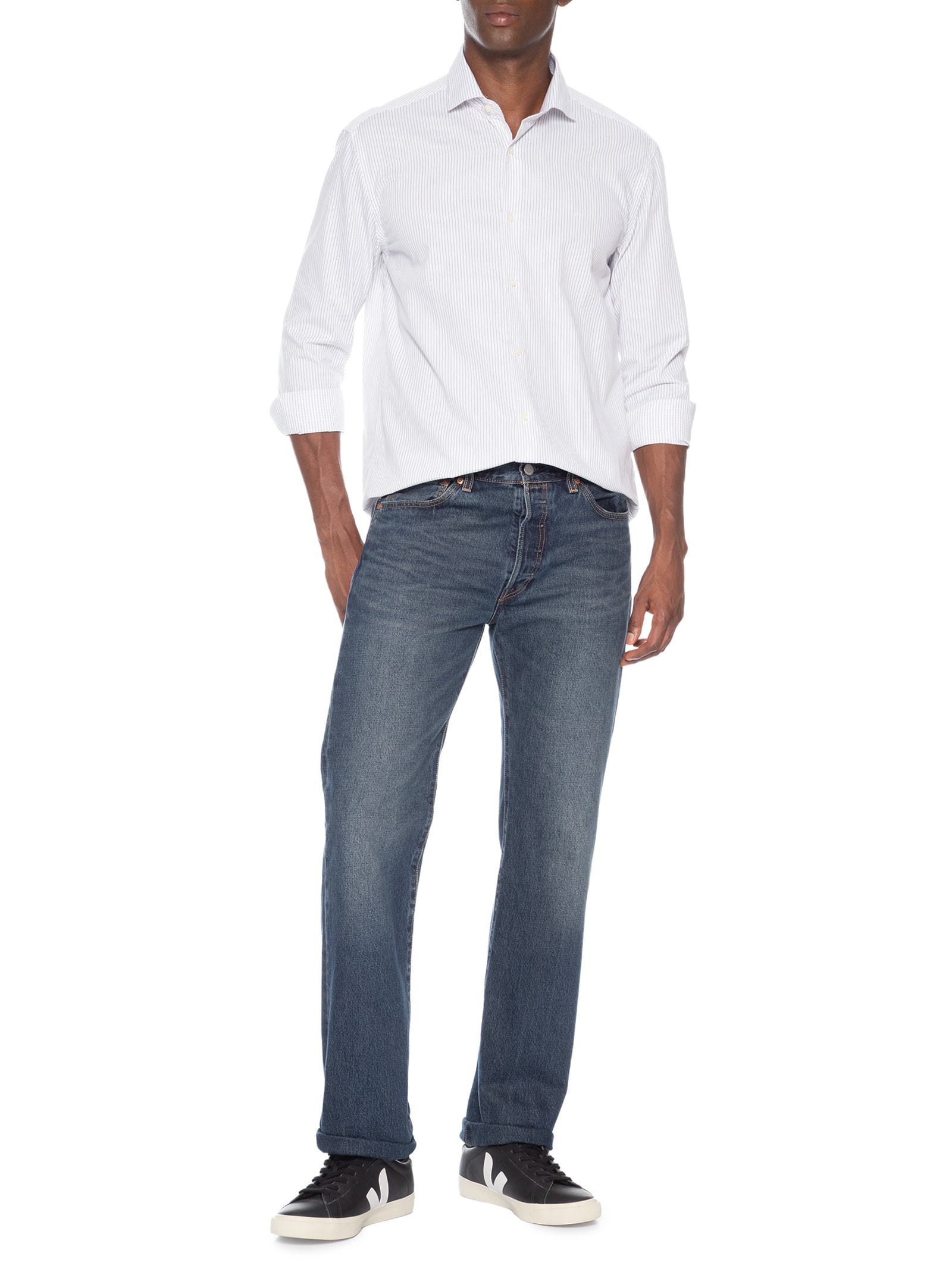 Camisa Masculina Slim Em Algodão Listrado Branco Aramis