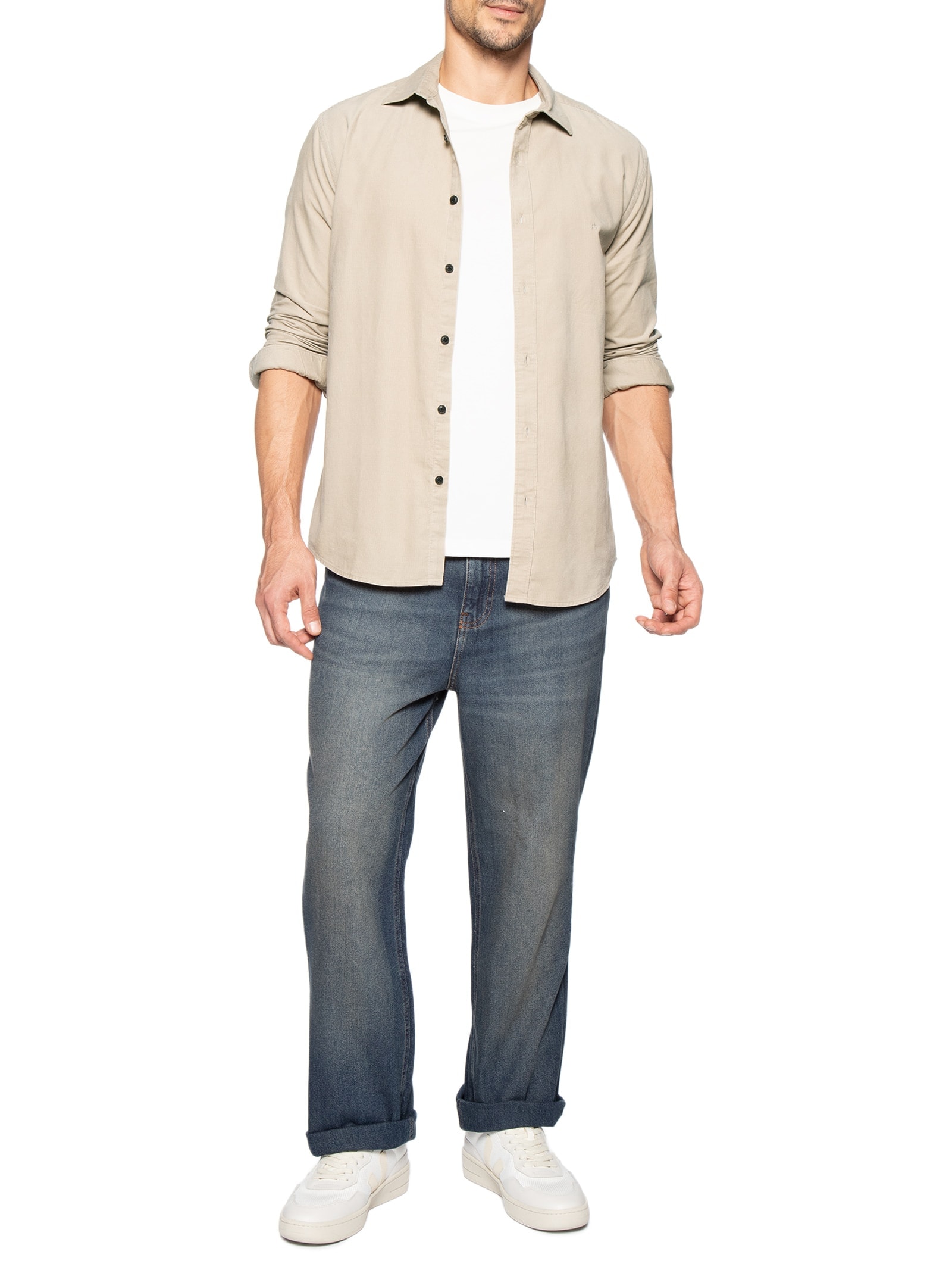 Camisa Masculina Slim Fit Cotelê Algodão Bege Aramis