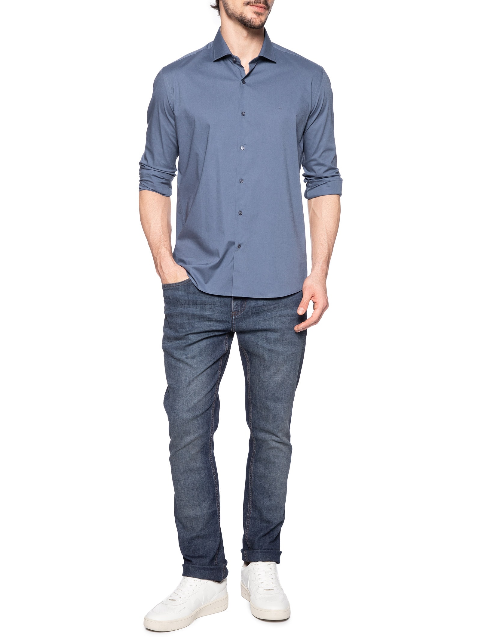 Camisa Masculina Slim Fit em Tricoline Stretch Azul Aramis