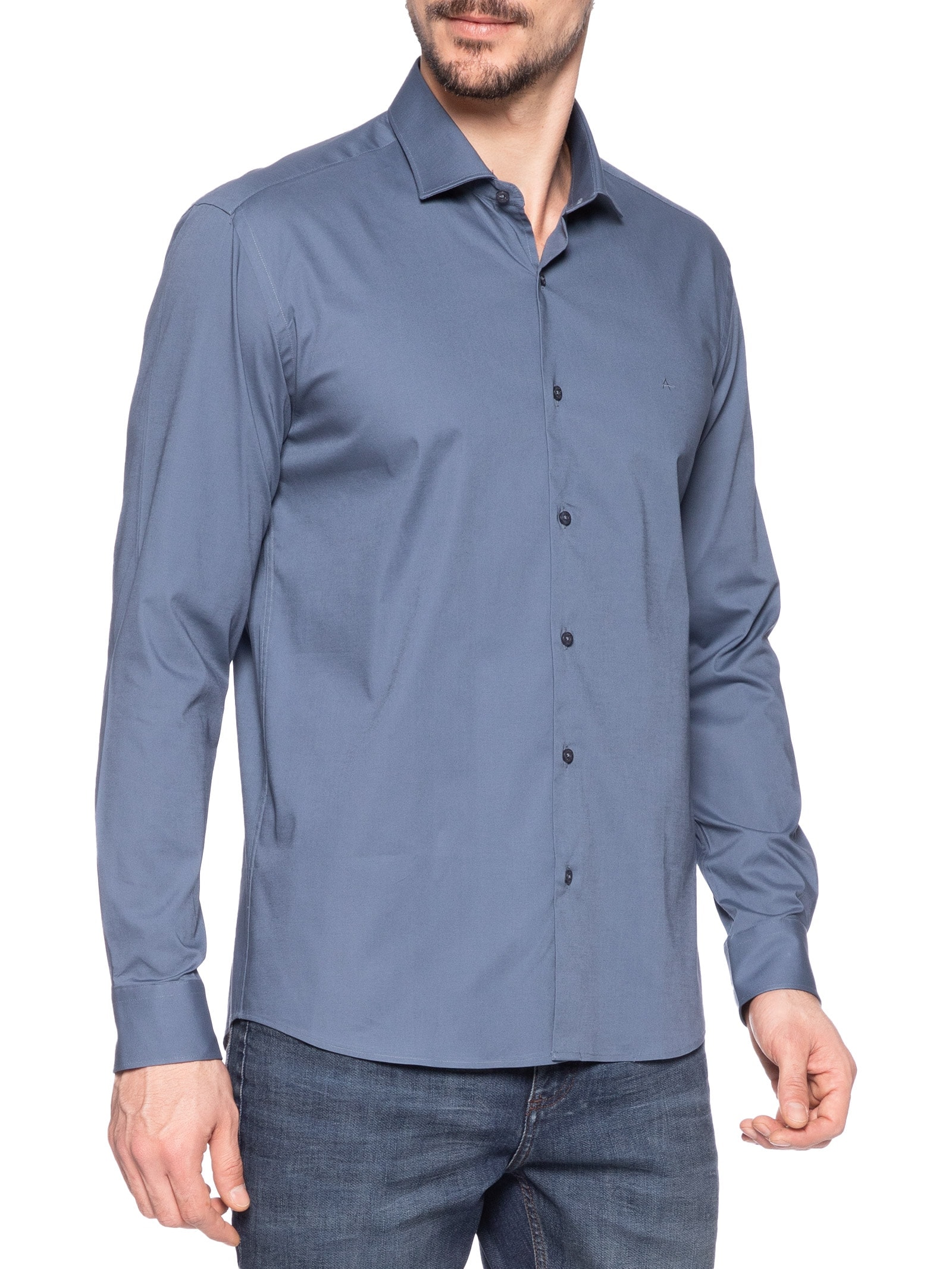 Camisa Masculina Slim Fit em Tricoline Stretch Azul Aramis