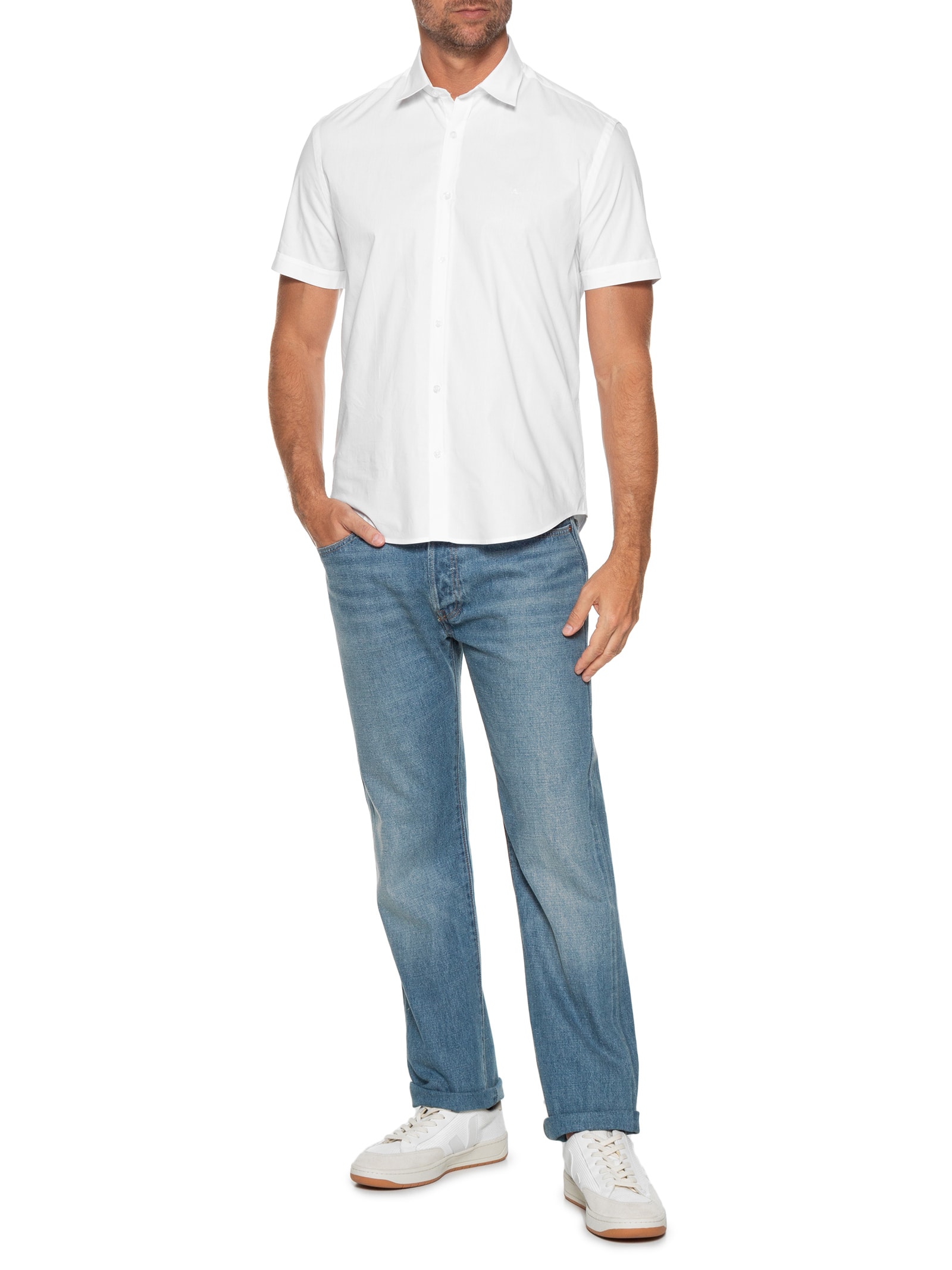 Camisa Masculina Slim Fit em Tricoline Stretch Liso Branco Aramis