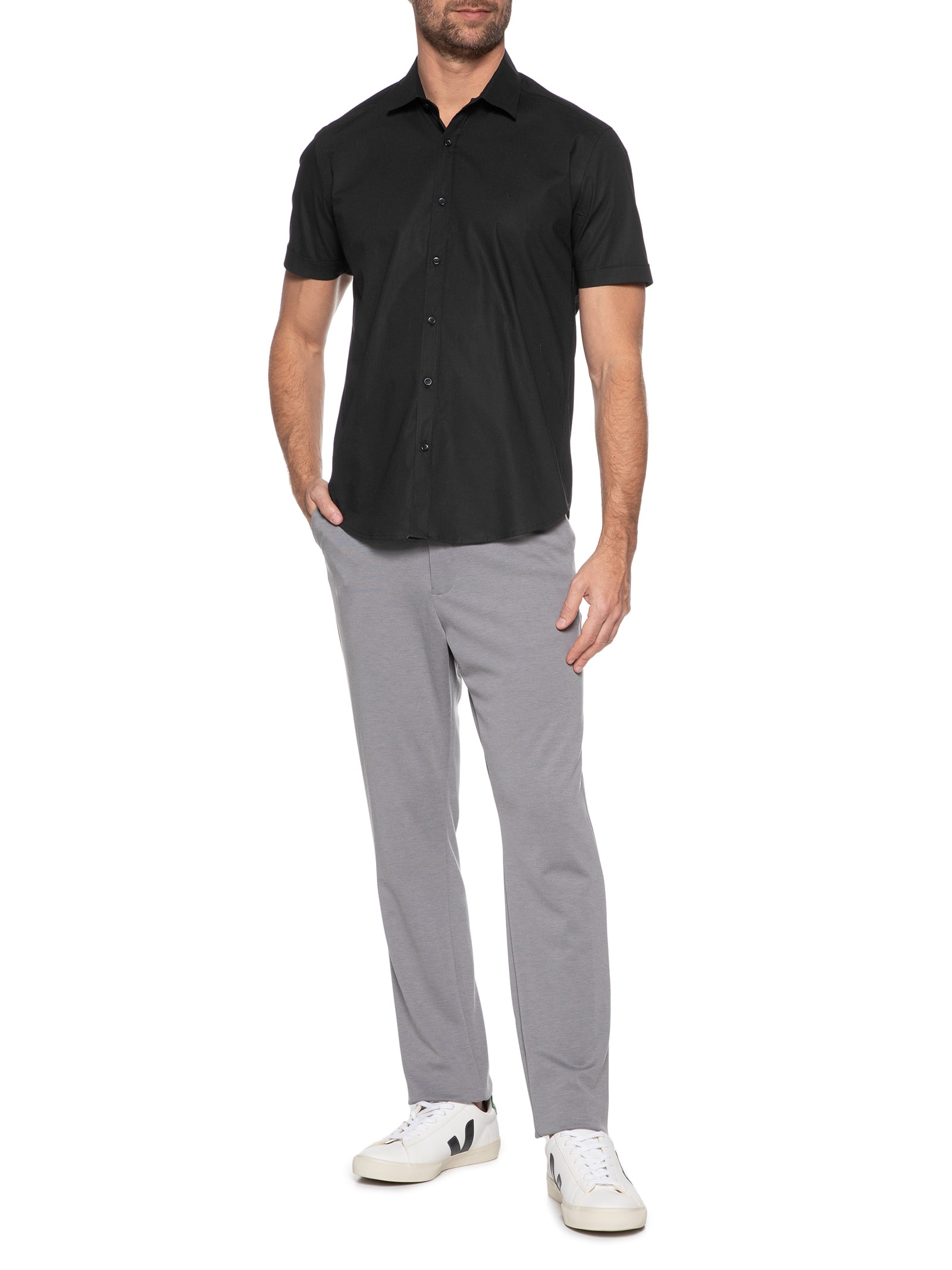 Camisa Masculina Slim Fit em Tricoline Stretch Liso Preto Aramis
