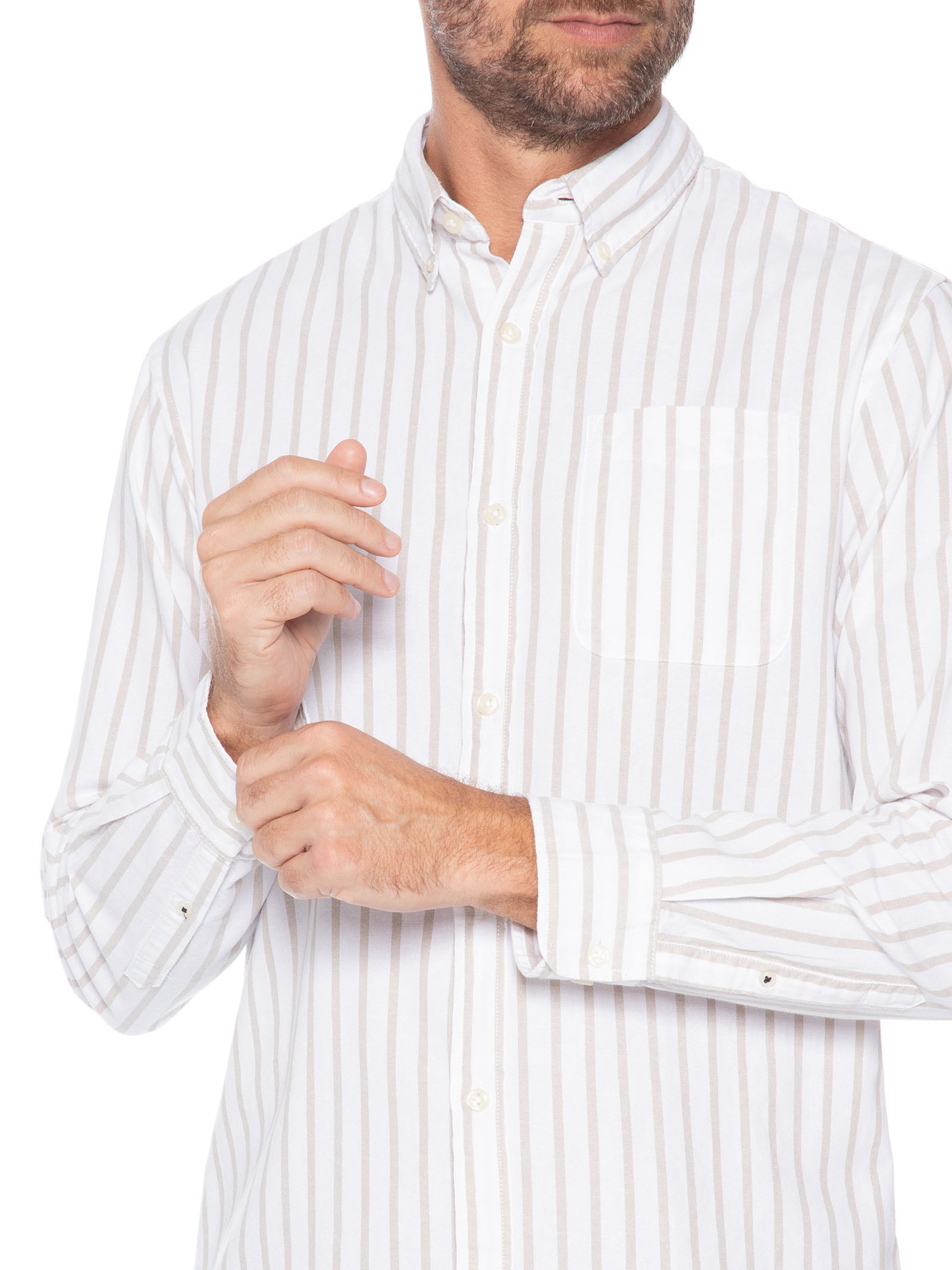 Camisa Masculina Slim Fit Listrada Oxford Orgânico Cinza Jack & Jones