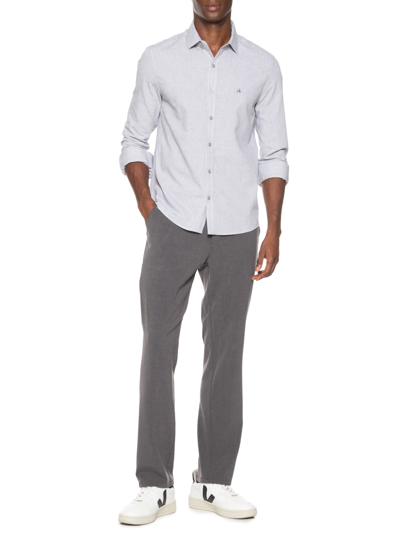 Camisa Masculina Slim Fit Tela De Algodão Cinza Calvin Klein - White Label