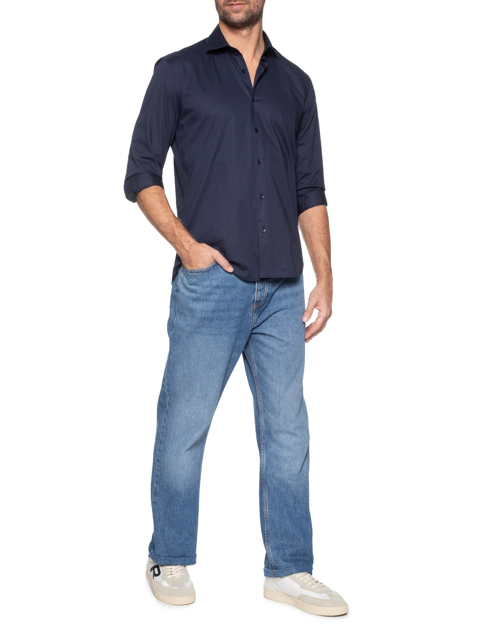 Camisa Masculina Slim Fit  Tricoline Stretch Azul Aramis