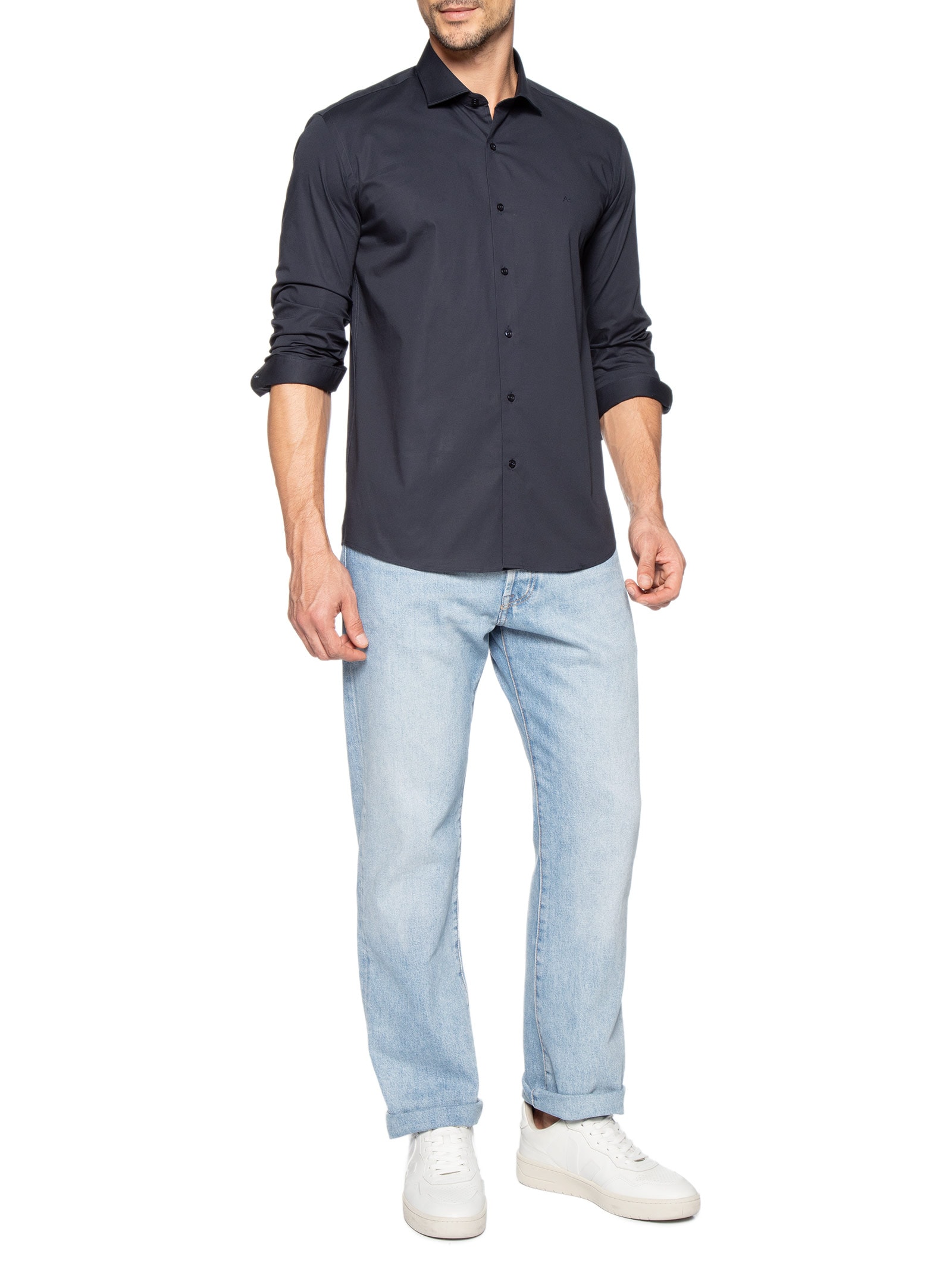 Camisa Masculina Slim Fit Tricoline Stretch Azul Aramis