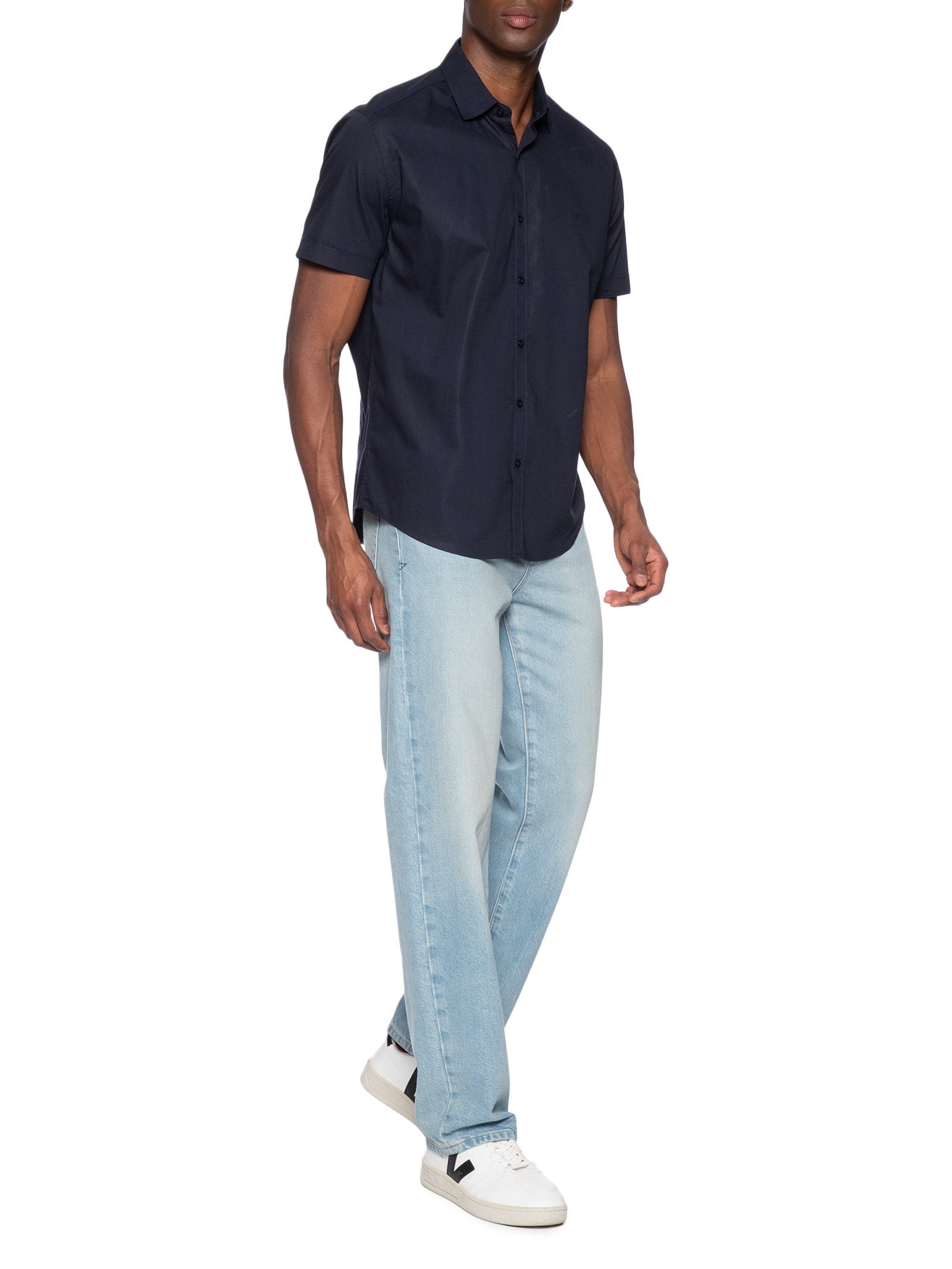 Camisa Masculina Slim Fit Tricoline Stretch Liso Azul Aramis