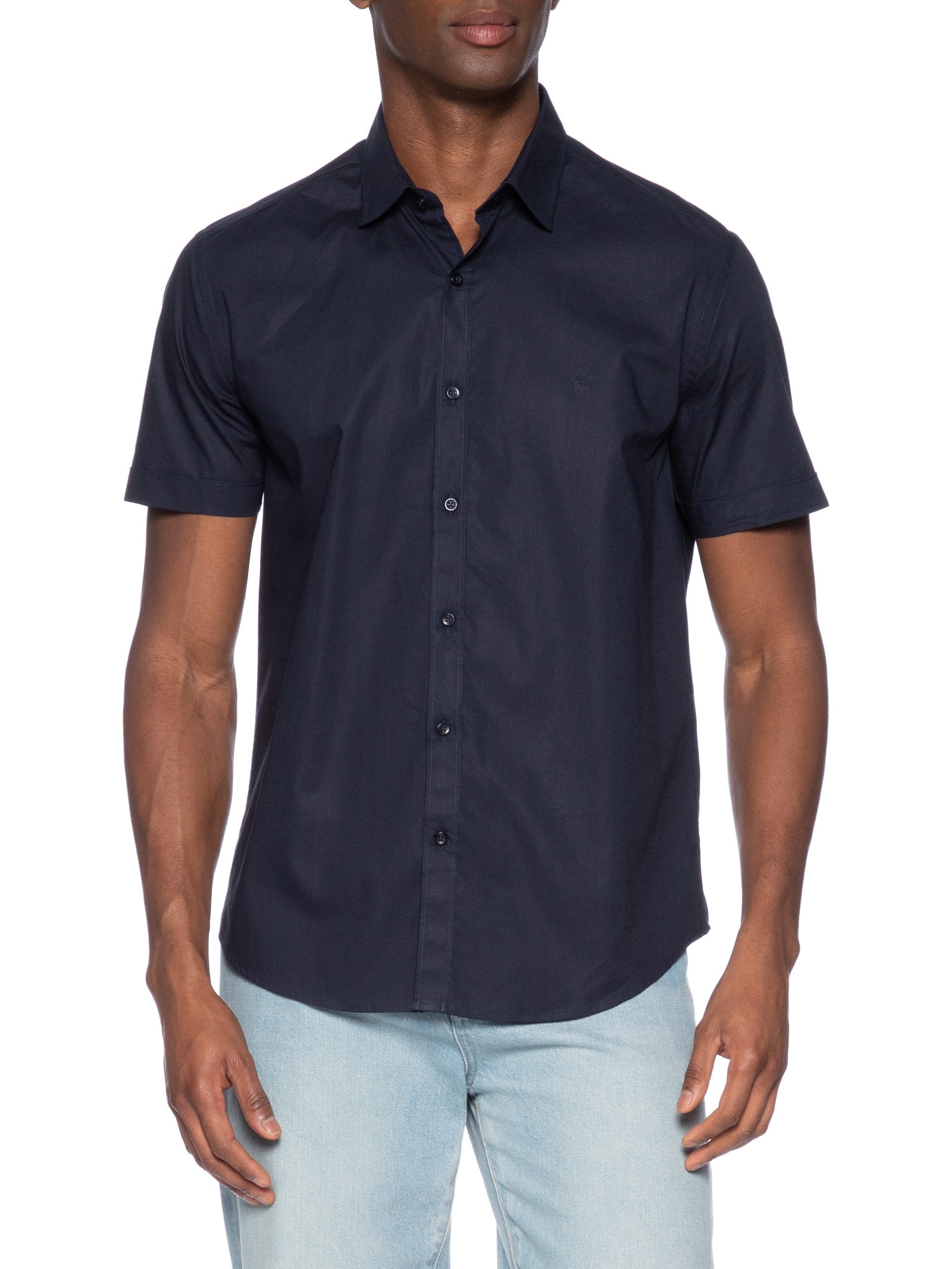 Camisa Masculina Slim Fit Tricoline Stretch Liso Azul Aramis