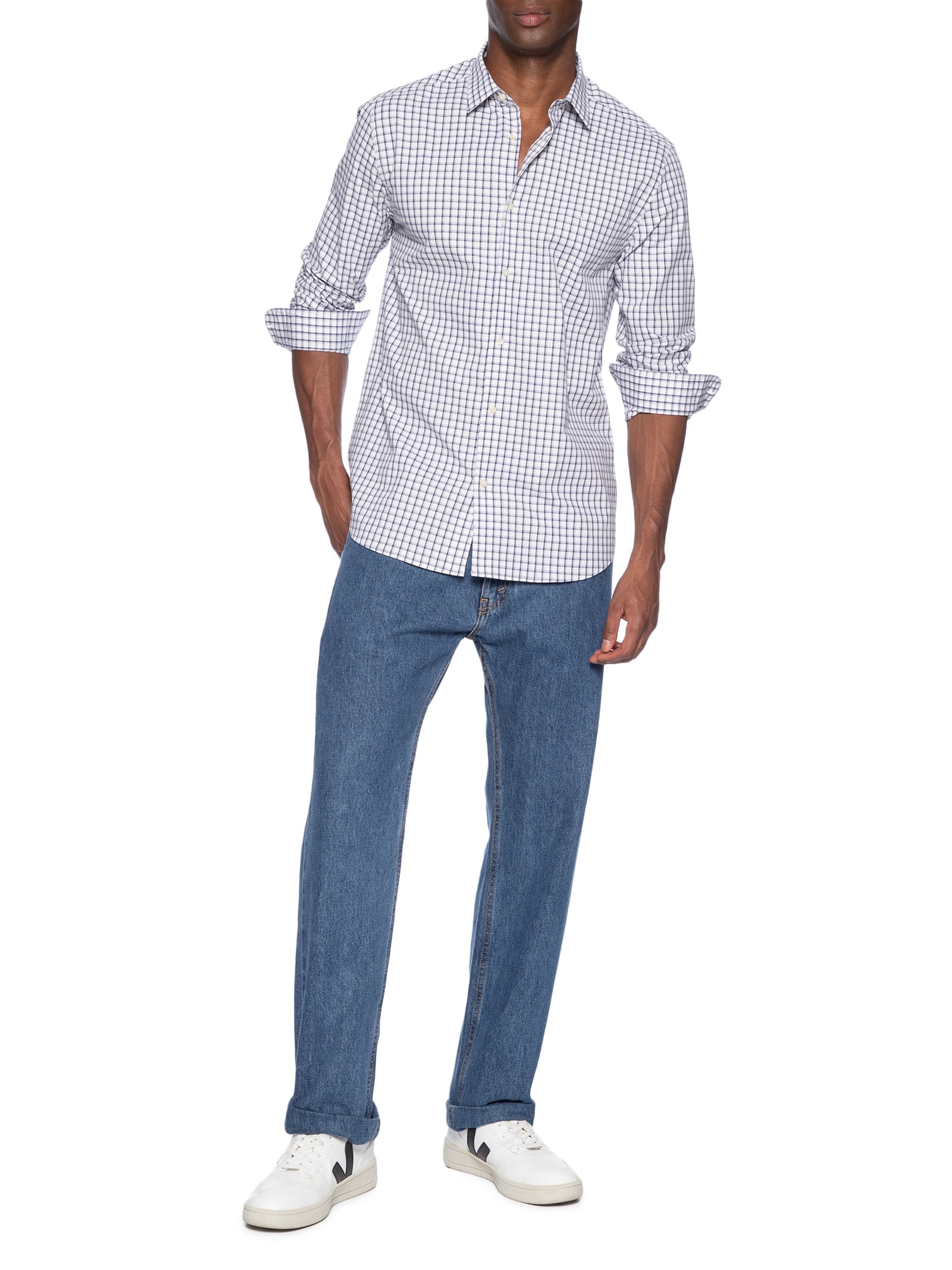 Camisa Masculina Slim Fit Xadrez Stretch Branco Aramis