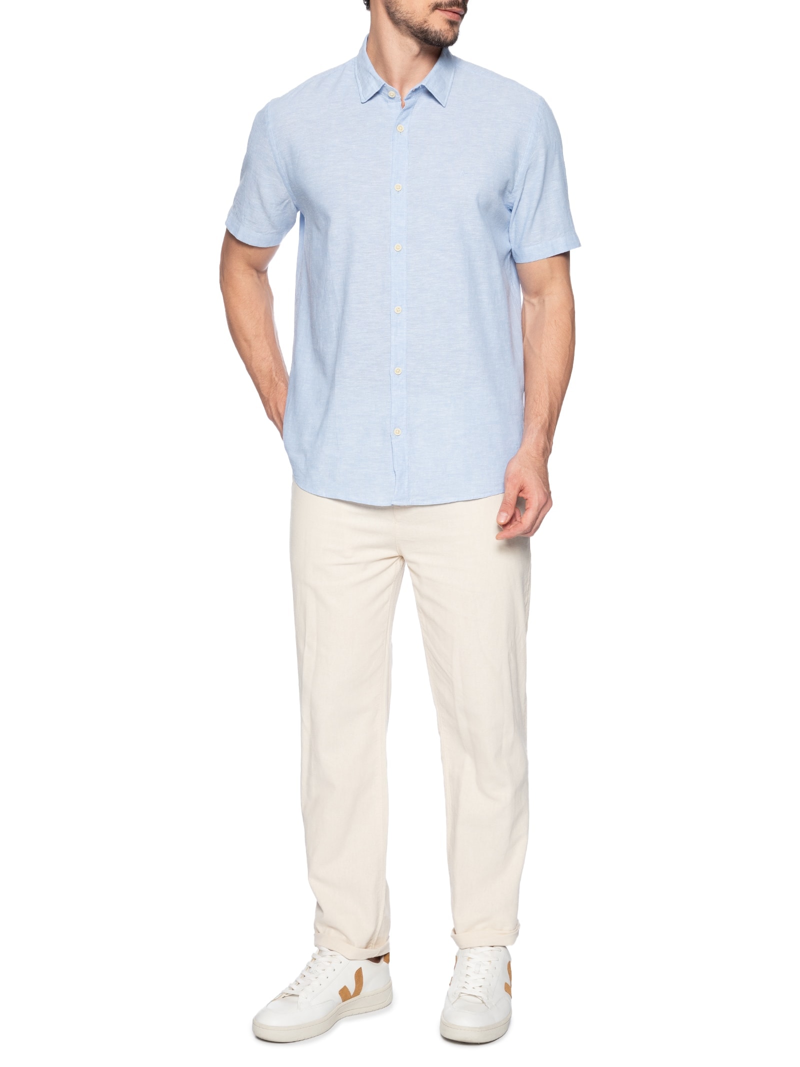 Camisa Masculina Slim Linho Algodão Surat Azul Aramis