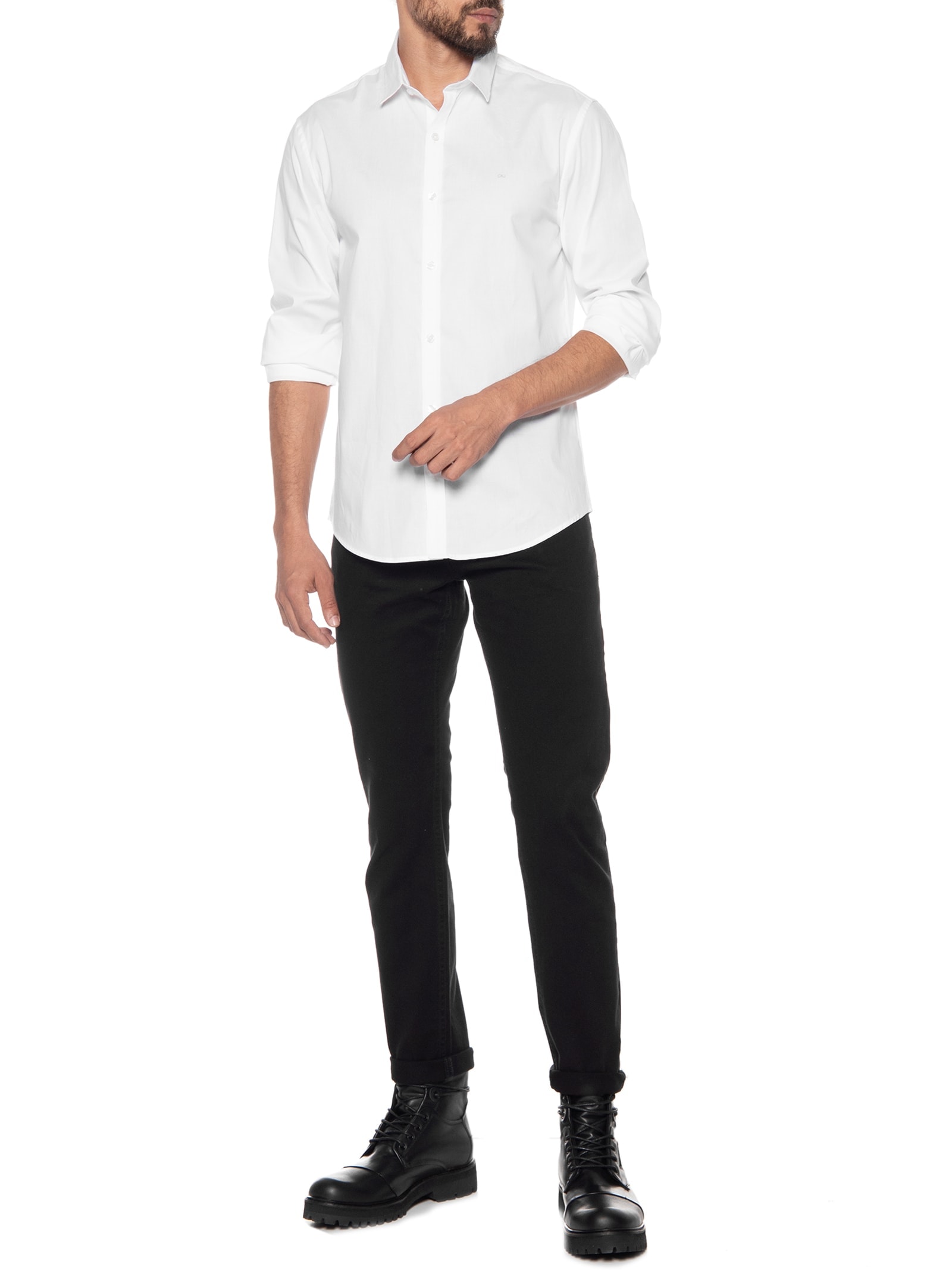 Camisa Masculina Slim Lisa Básica Logo No Peito Off White Calvin Klein Jeans
