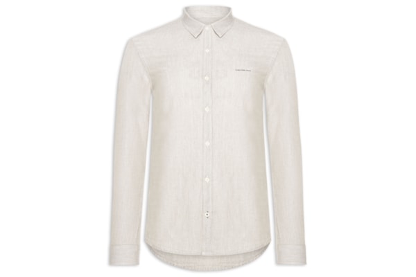 Camisa Masculina Slim Listrada Silk Logo - Bege