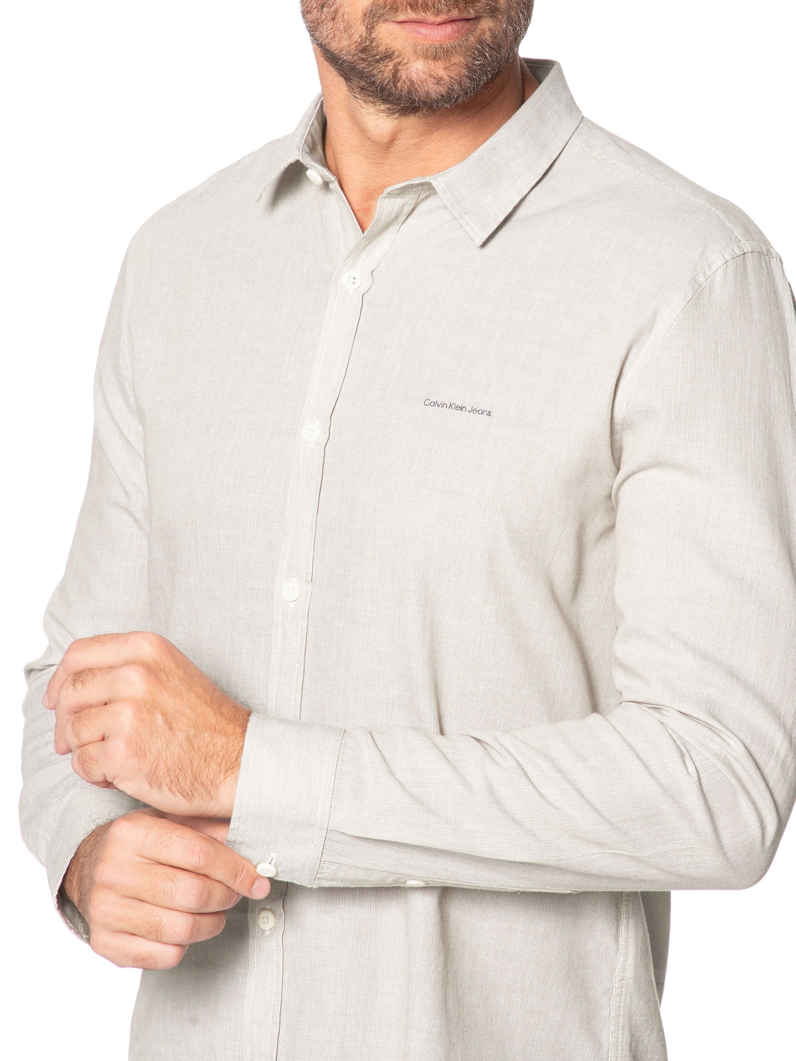Camisa Masculina Slim Listrada Silk Logo Bege Calvin Klein Jeans