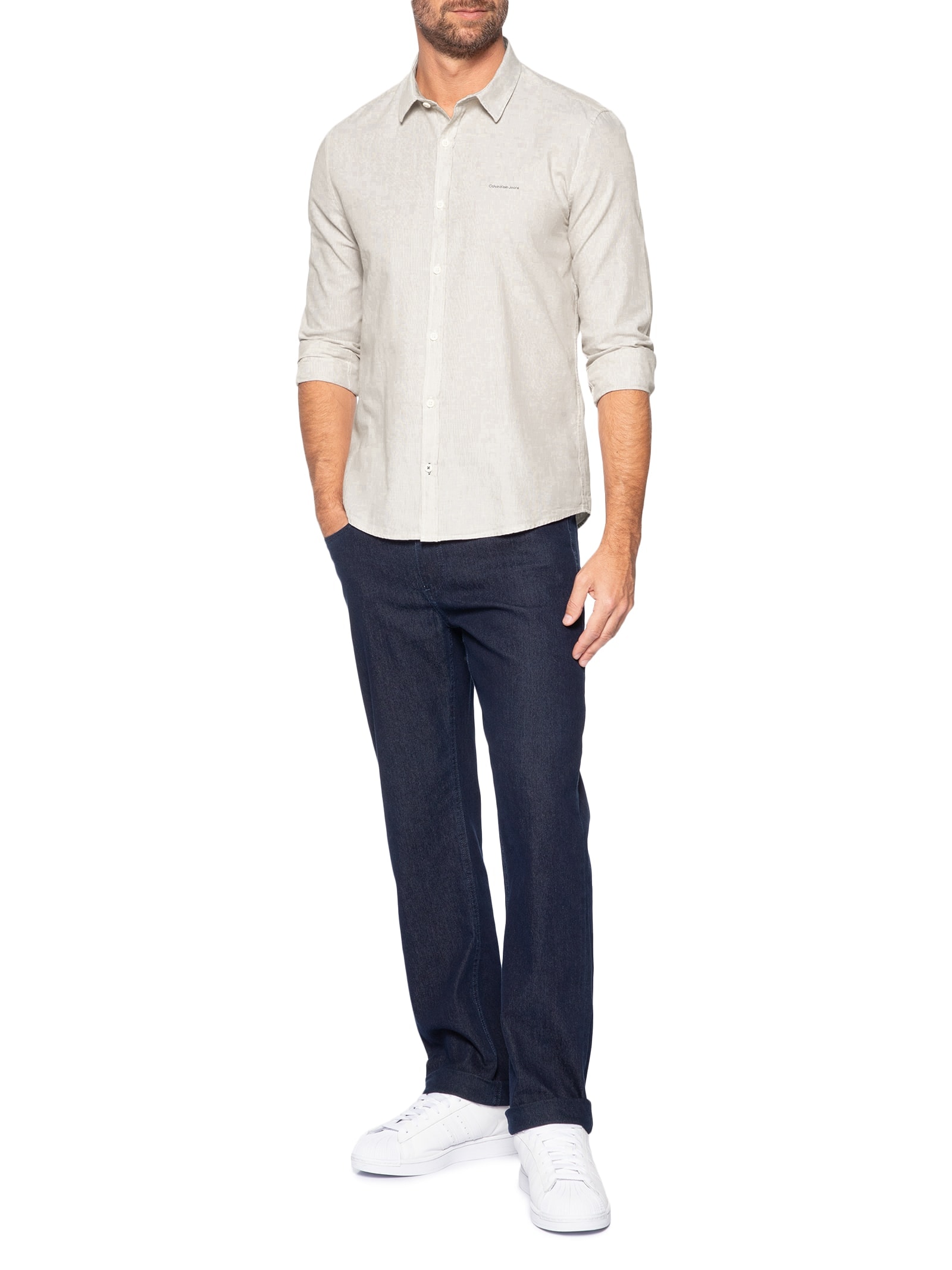 Camisa Masculina Slim Listrada Silk Logo Bege Calvin Klein Jeans