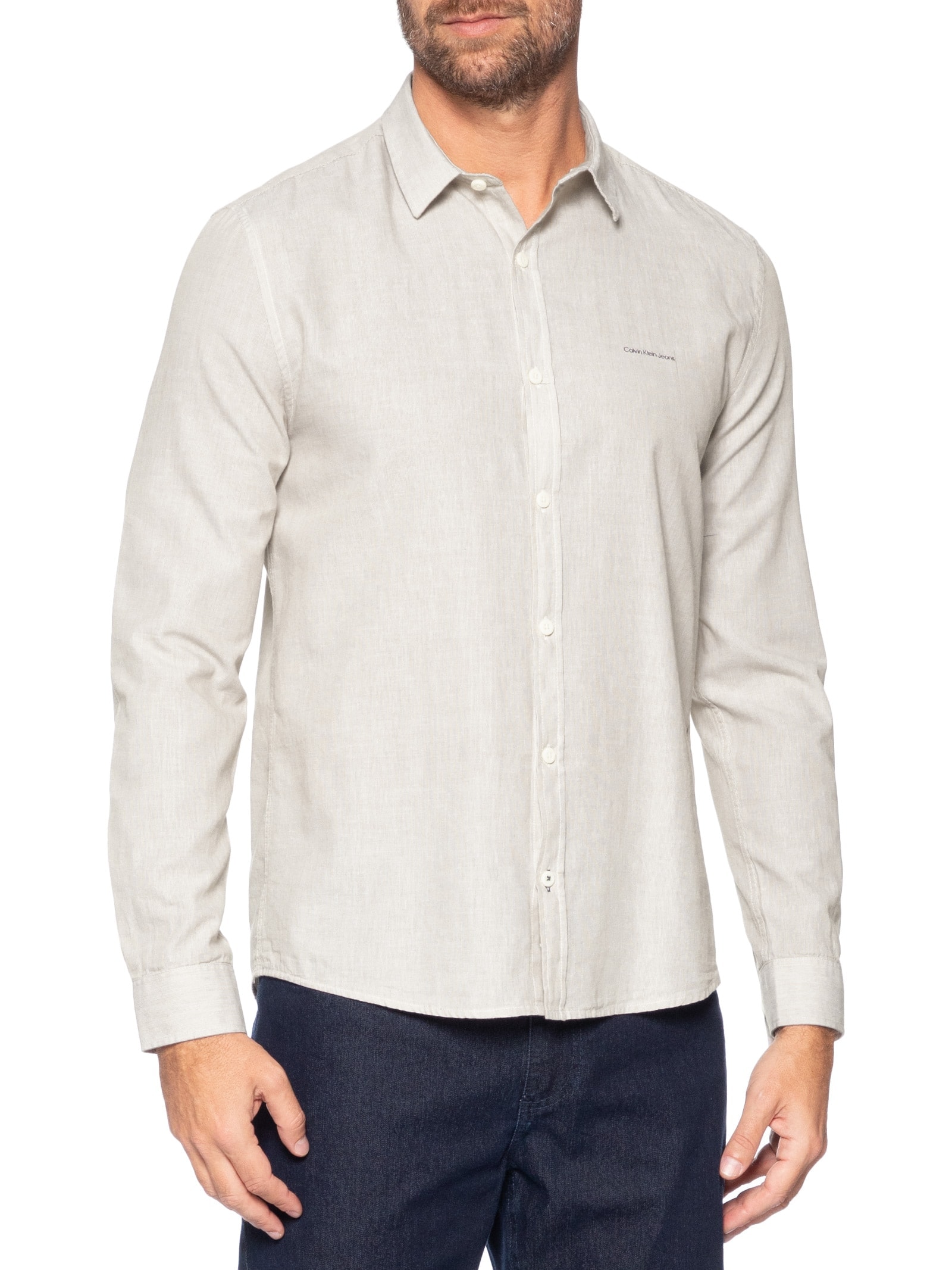 Camisa Masculina Slim Listrada Silk Logo Bege Calvin Klein Jeans