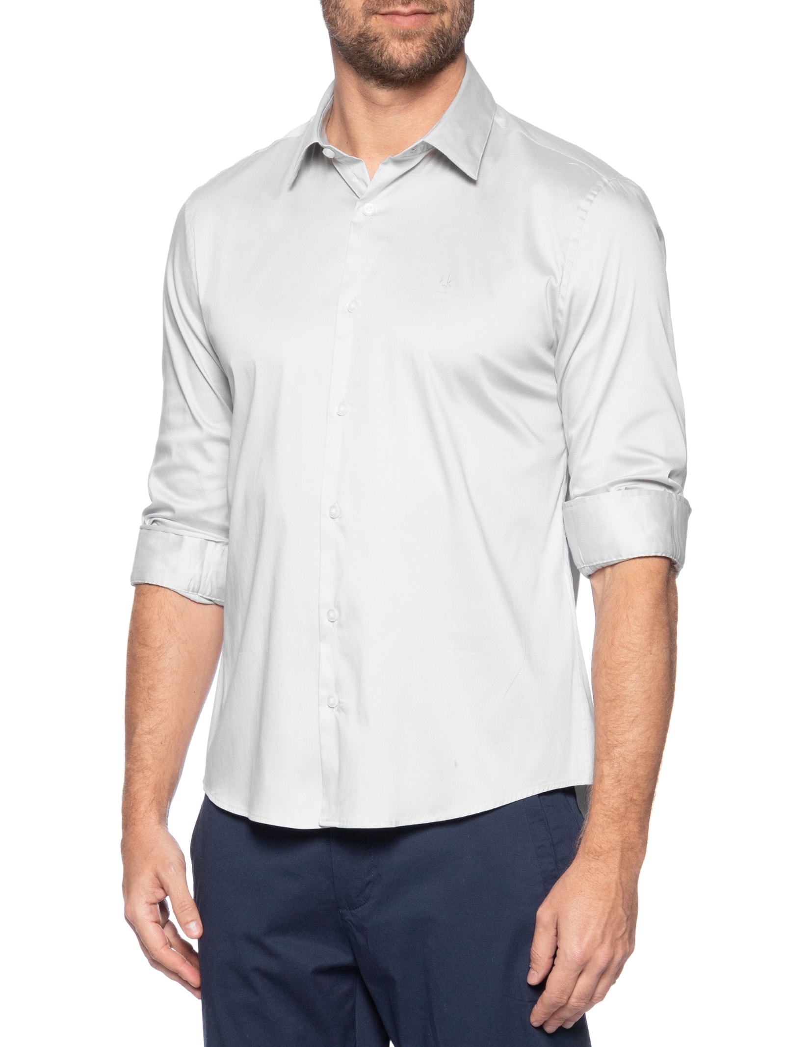 Camisa Masculina Slim Manga Longa Básica Algodão Poliamida Cinza Calvin Klein