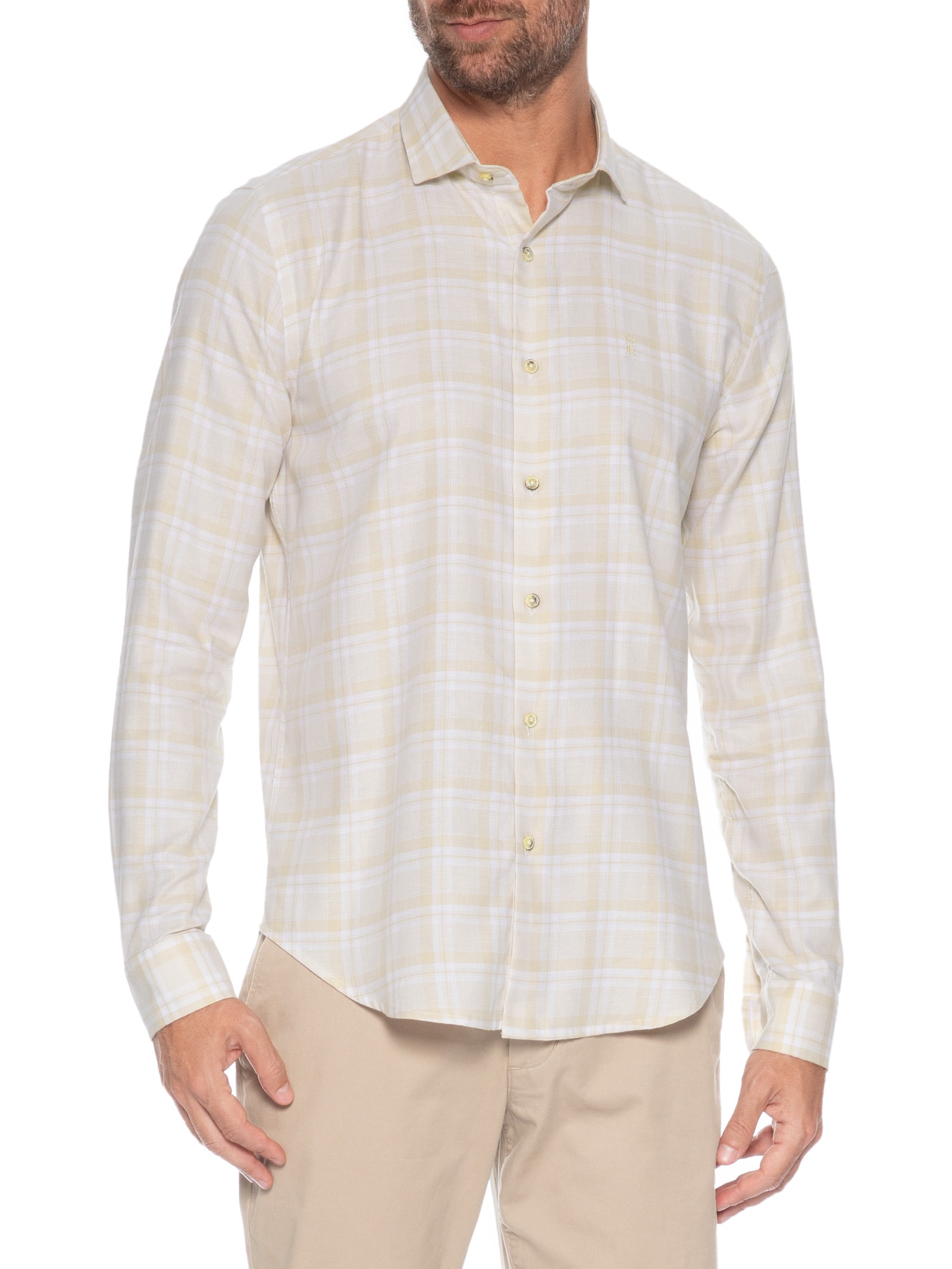 Camisa Masculina Slub Xadrez Bege Sergio K