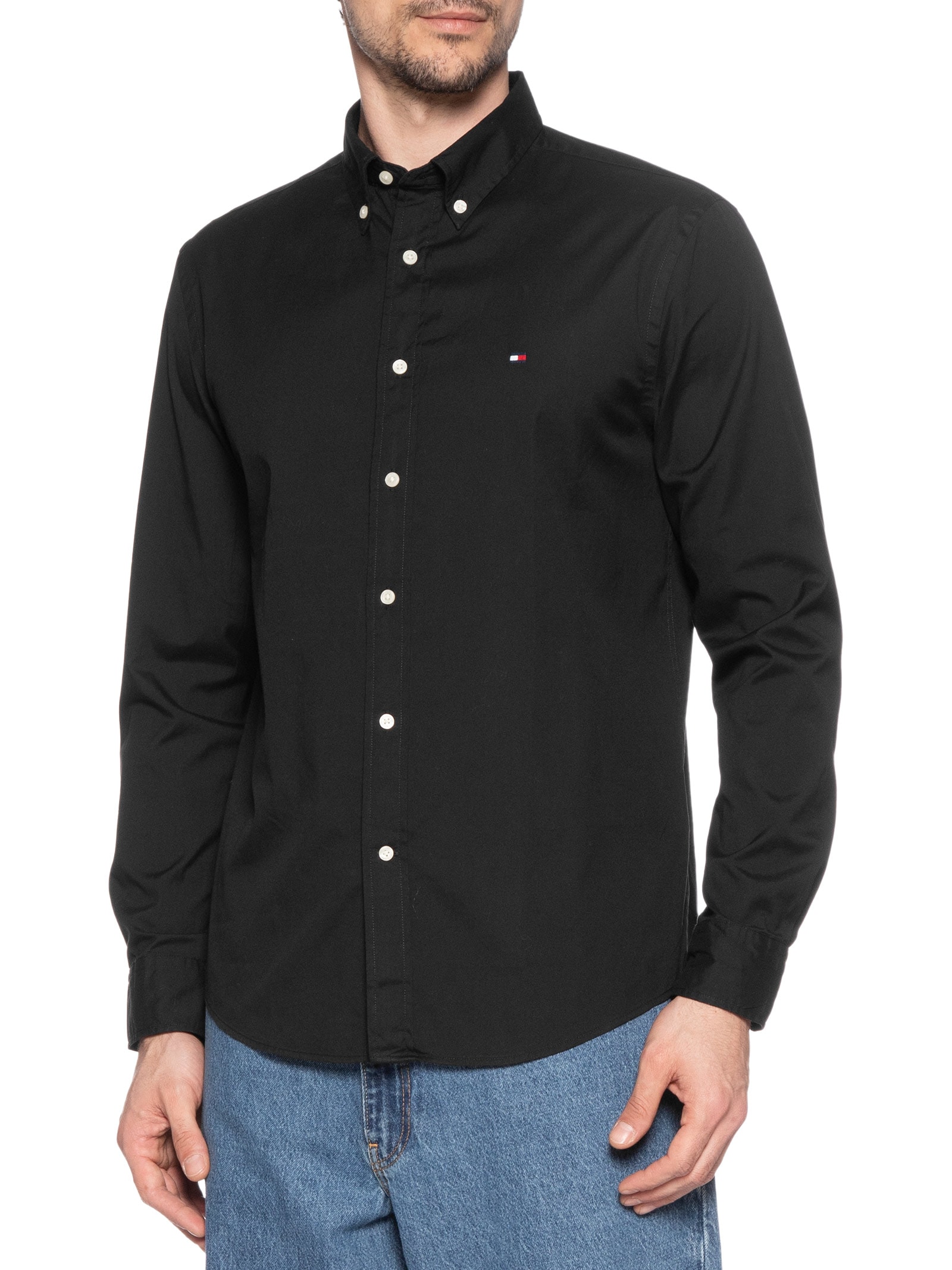 Camisa Masculina Social Básica Regular Fit Popline Preto Tommy Hilfiger