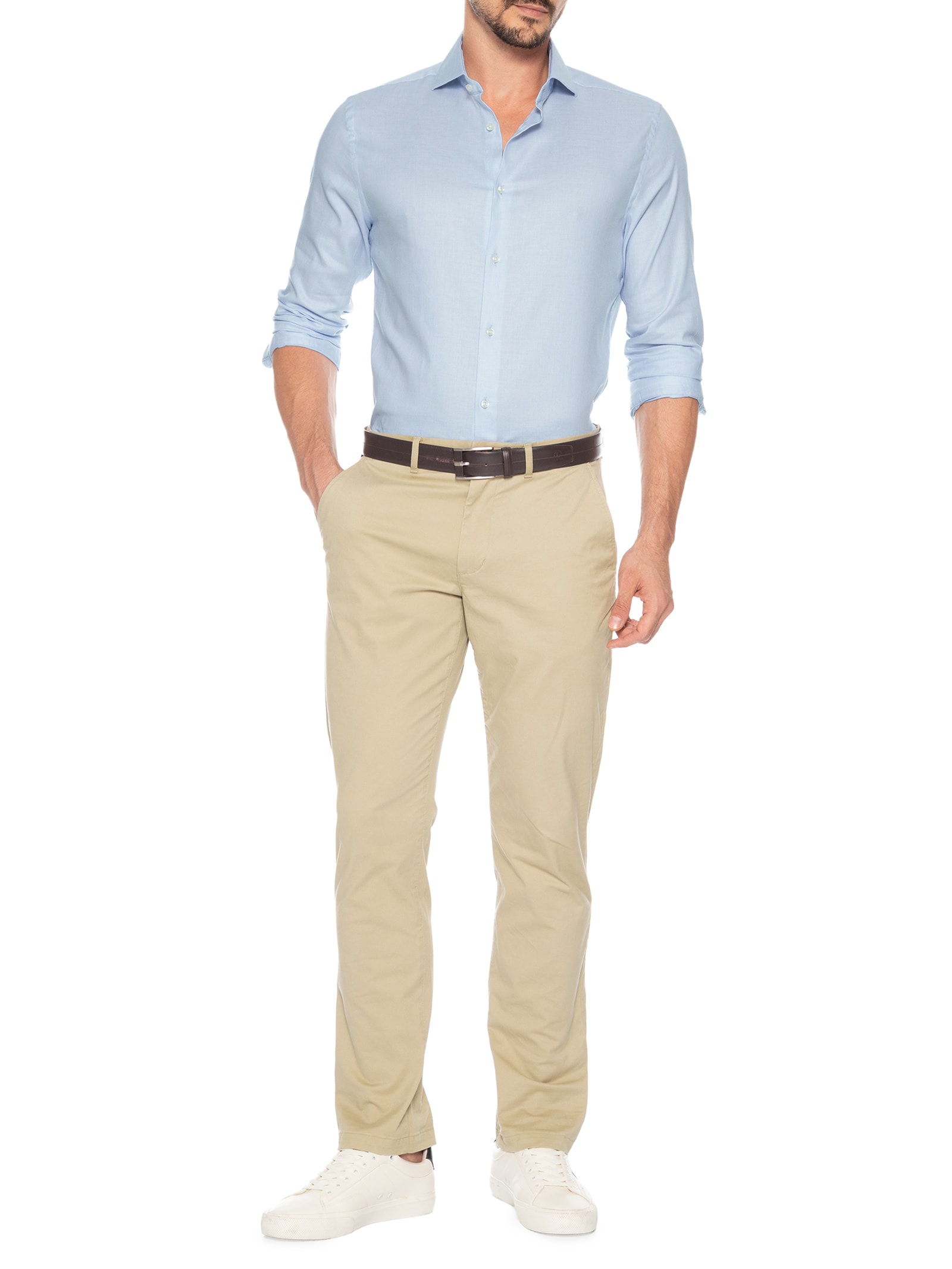 Camisa Masculina Social Flex Collar Em Dobby Azul Tommy Hilfiger
