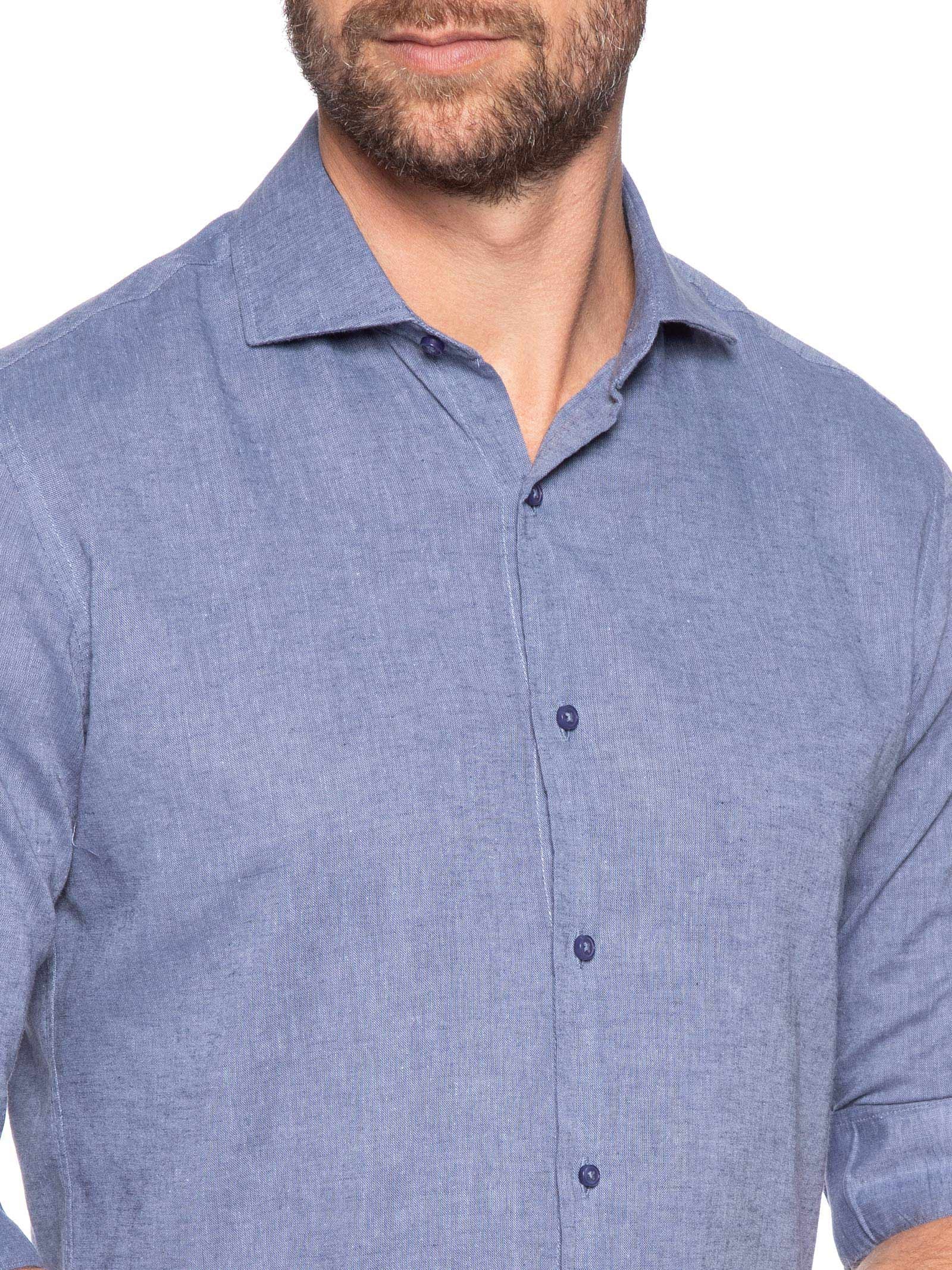 Camisa Masculina Social Manga Longa Blende Linho Azul '2 Essential