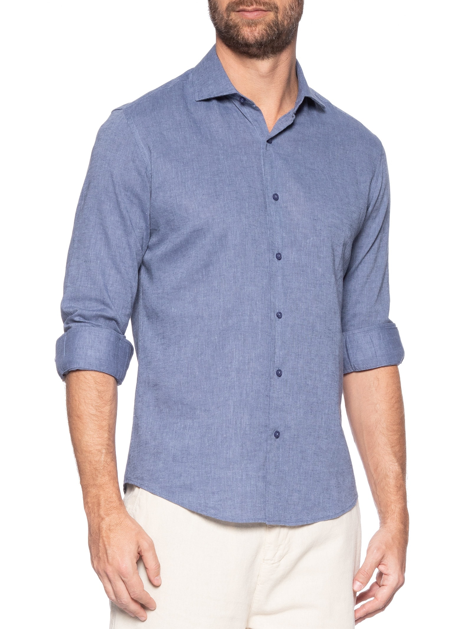 Camisa Masculina Social Manga Longa Blende Linho Azul '2 Essential