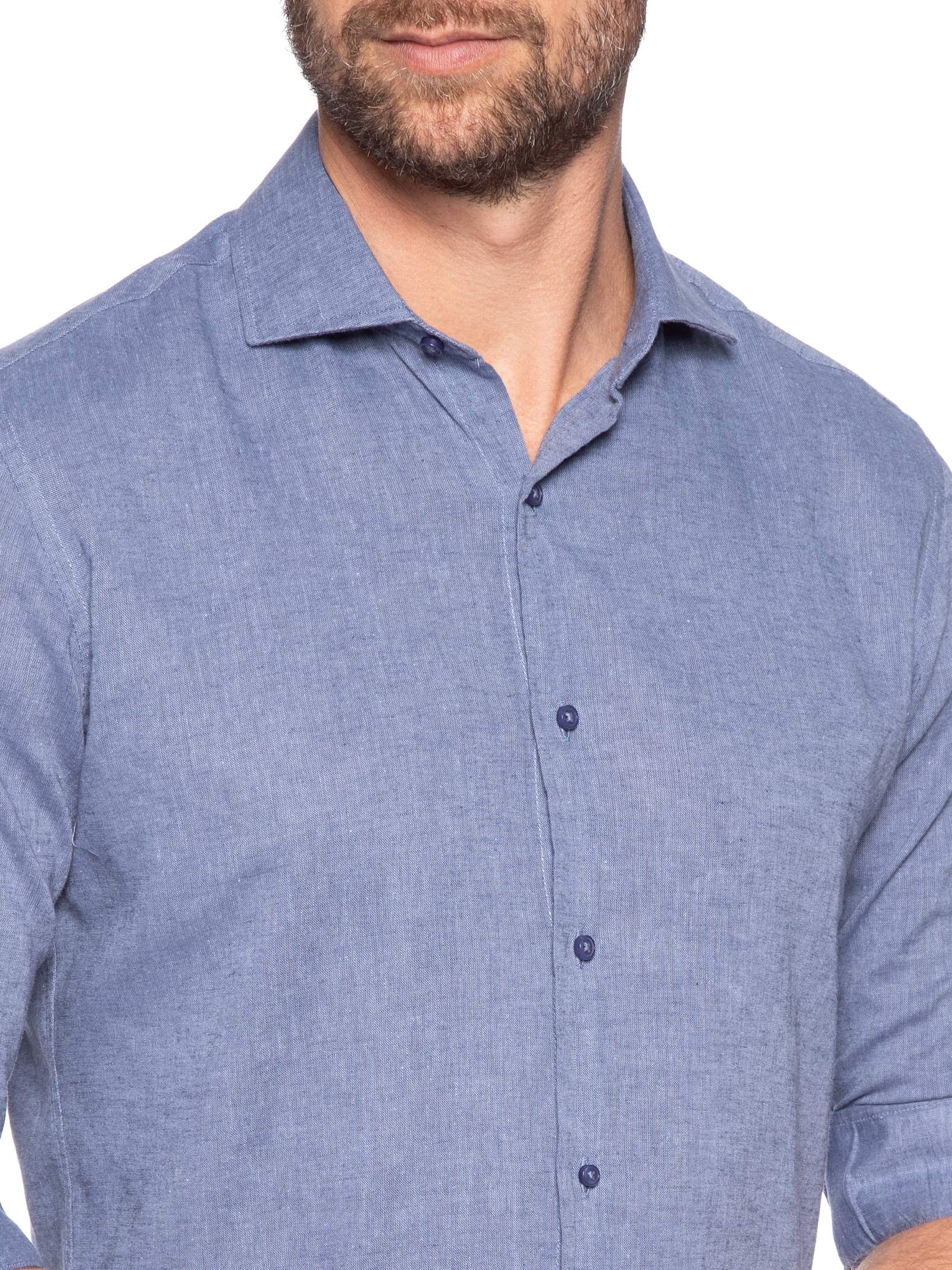Camisa Masculina Social Manga Longa Blende Linho Azul '2 Essential