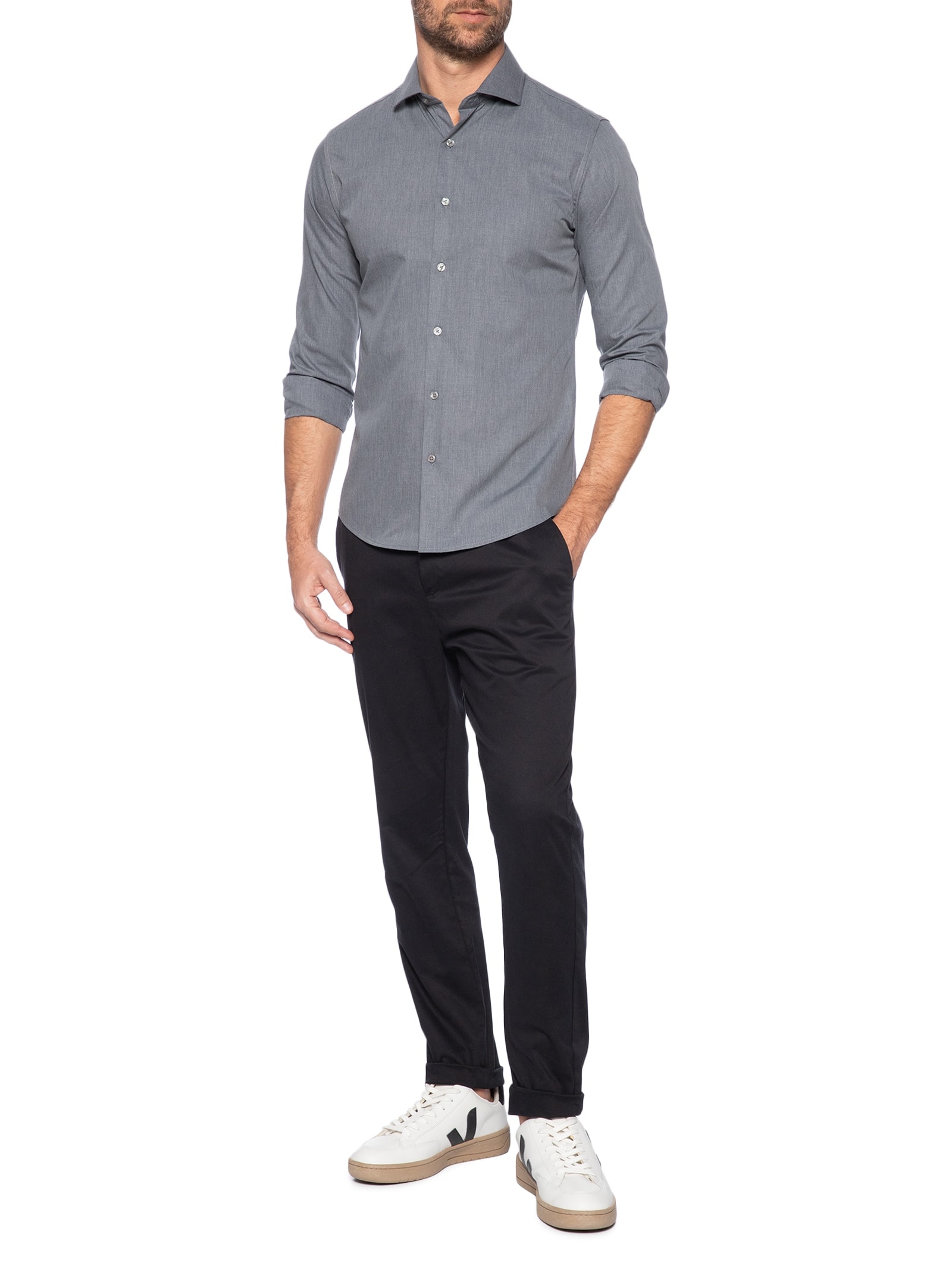 Camisa Masculina Social Manga Longa Slim Fit Cinza '2 Essential