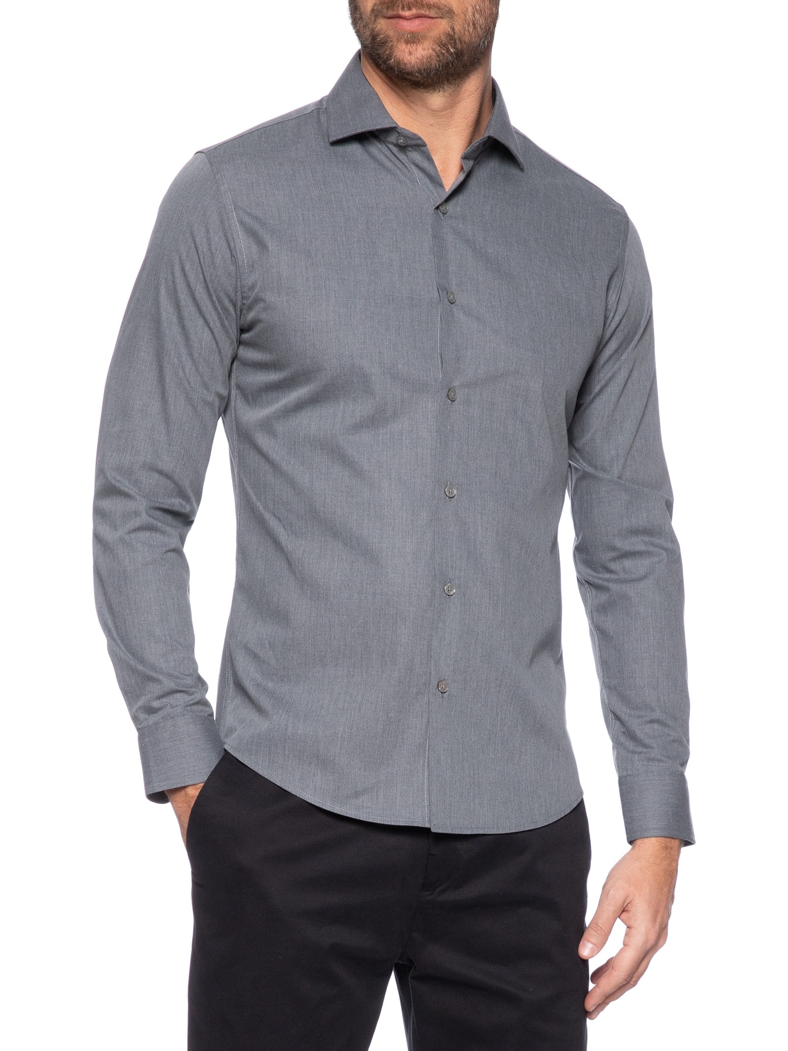 Camisa Masculina Social Manga Longa Slim Fit Cinza '2 Essential