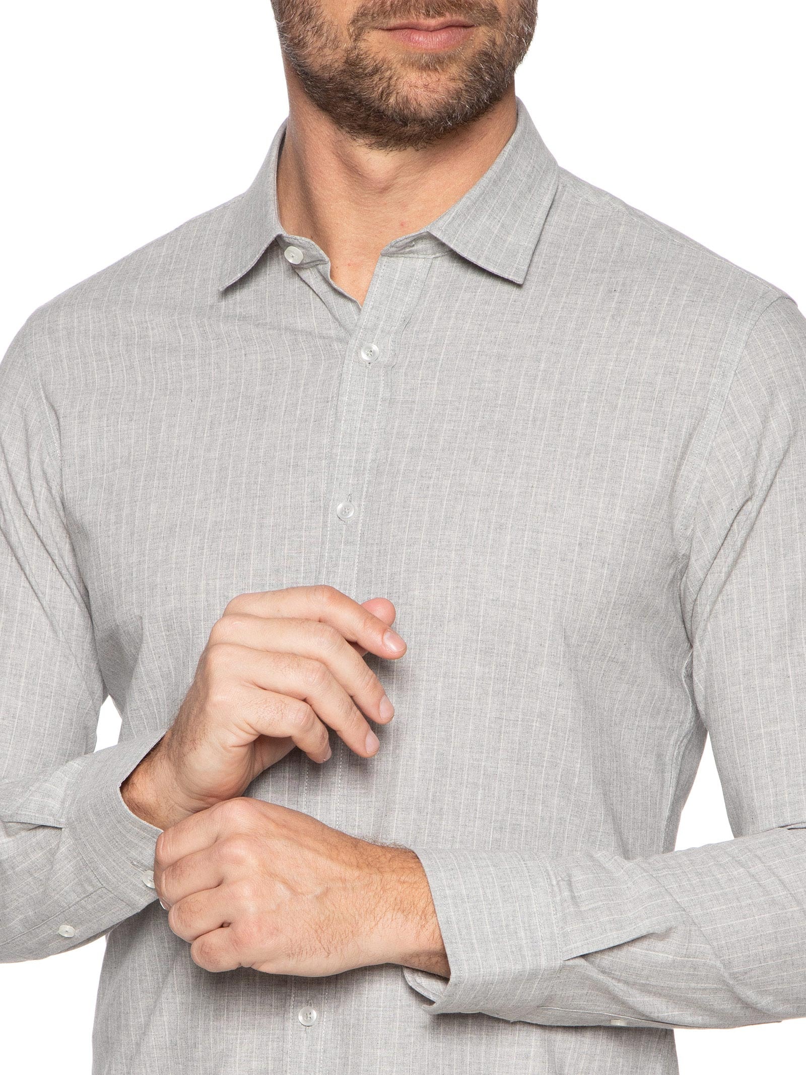 Camisa Masculina Social Manga Longa Slim Fit Cinza '2 Essential