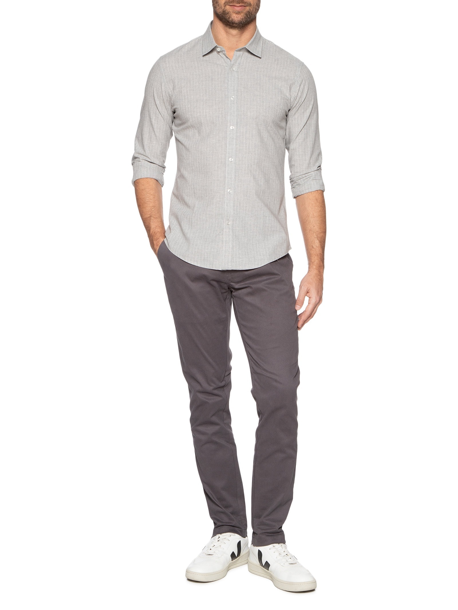 Camisa Masculina Social Manga Longa Slim Fit Cinza '2 Essential