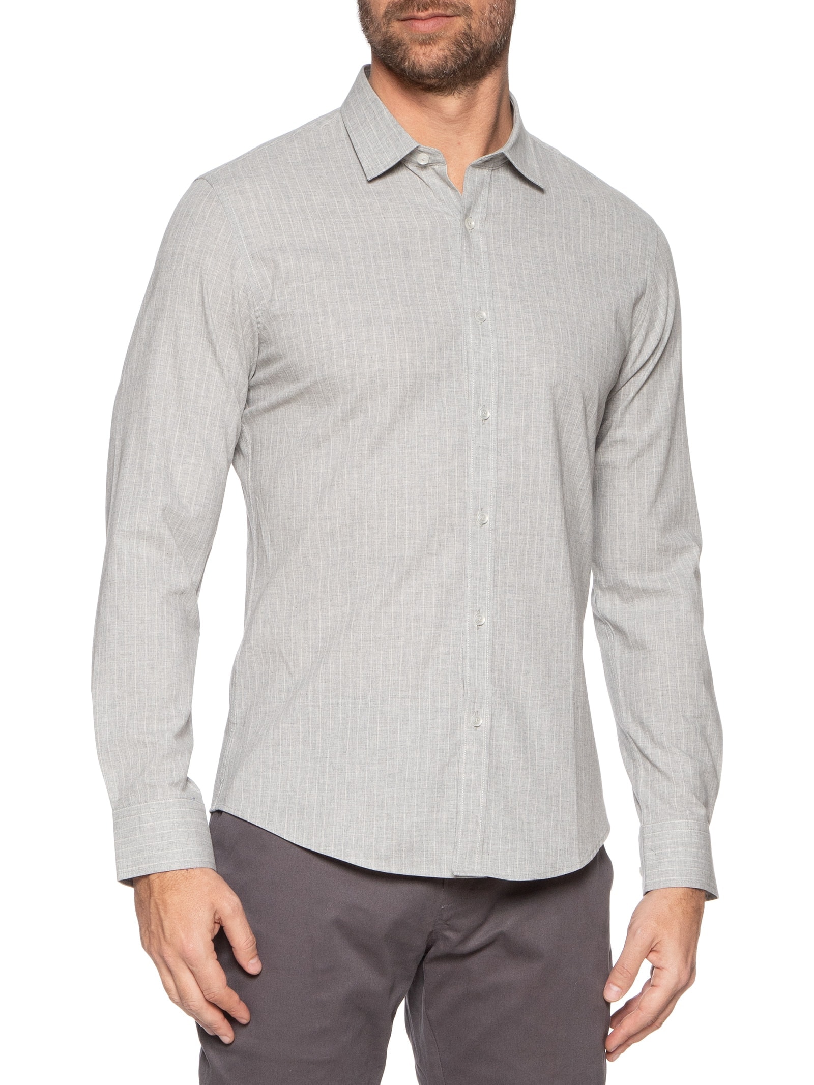 Camisa Masculina Social Manga Longa Slim Fit Cinza  '2 Essential