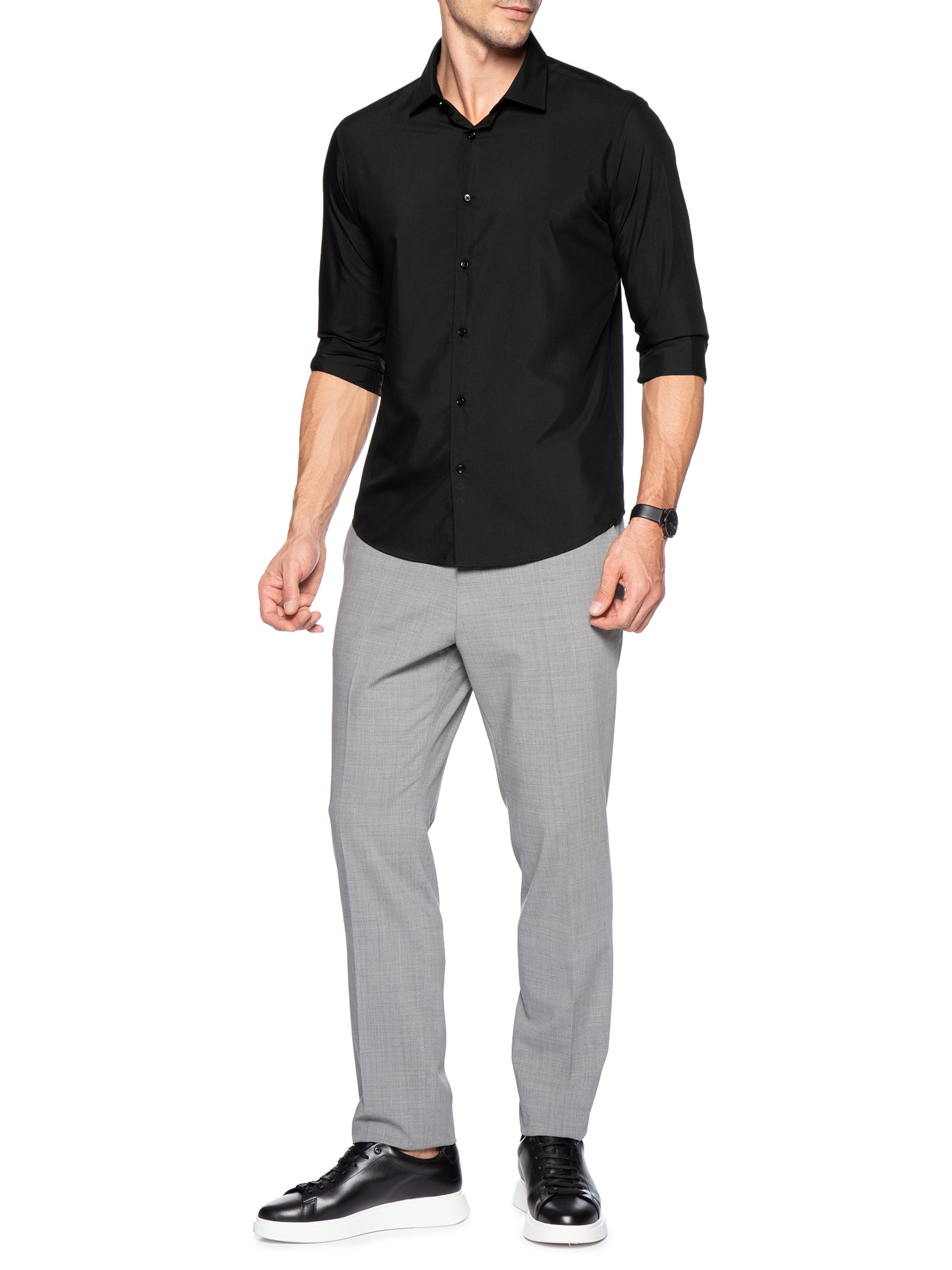Camisa Masculina Social Regular Fit Algodão E Modal Preto '2 Essential