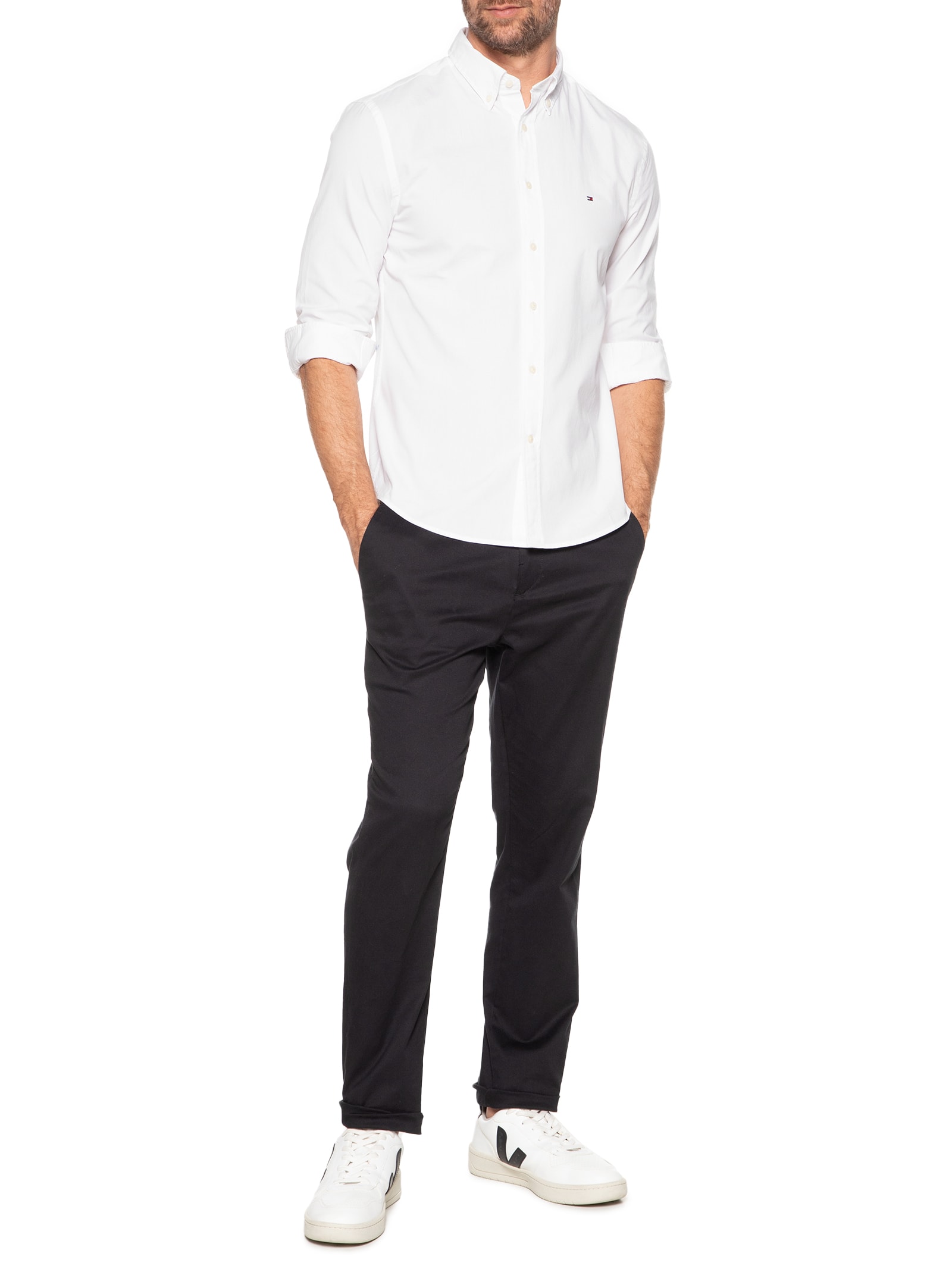 Camisa Masculina Social Regular Fit Core Flex Em Algodão Orgânico Branco Tommy Hilfiger